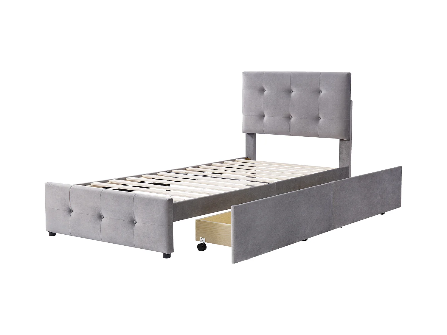Lit enfant 90x200cm avec 2 tiroirs et tête de lit réglable en hauteur,tissu en velours gris, sans matelas