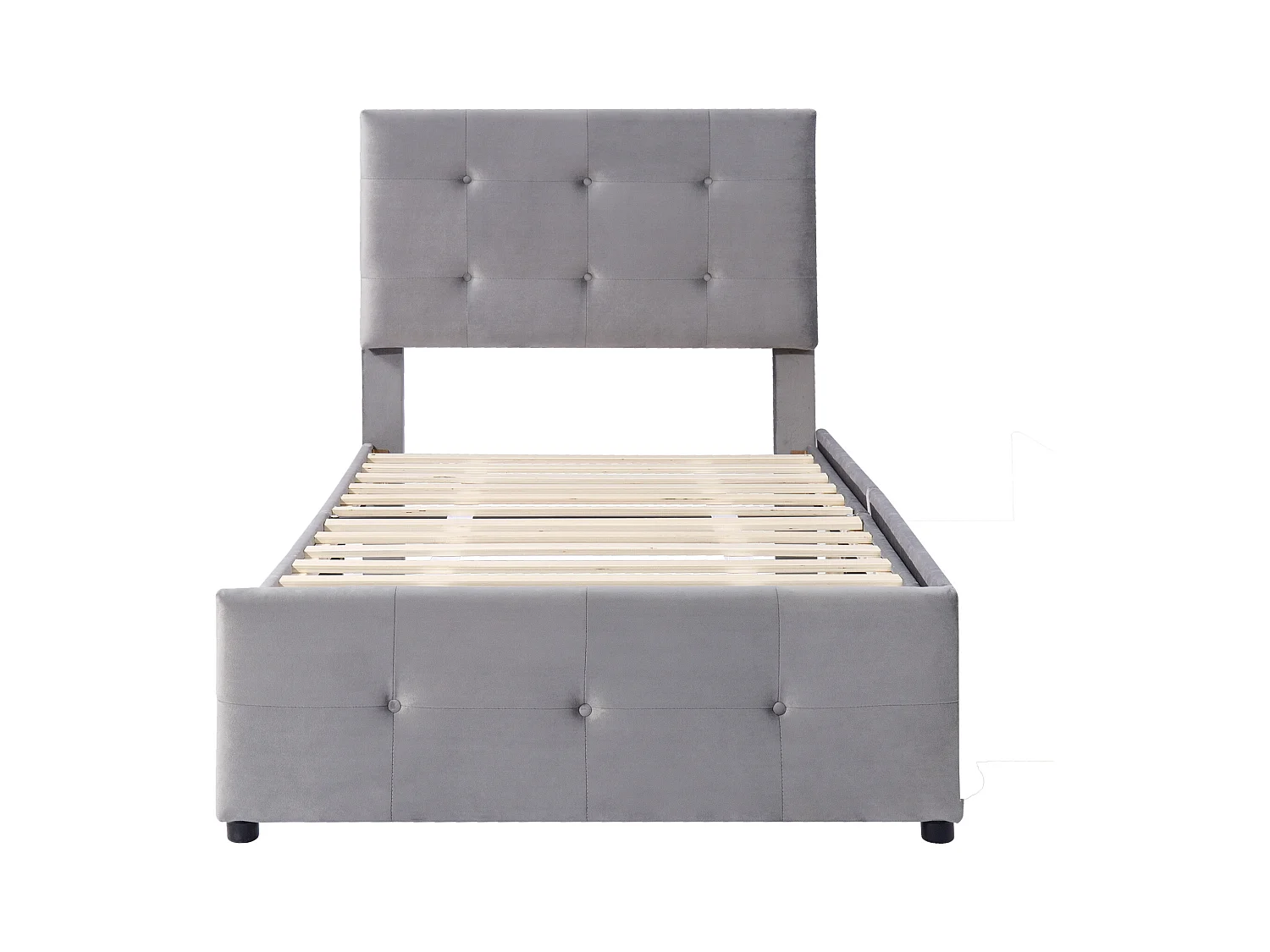 Lit enfant 90x200cm avec 2 tiroirs et tête de lit réglable en hauteur,tissu en velours gris, sans matelas