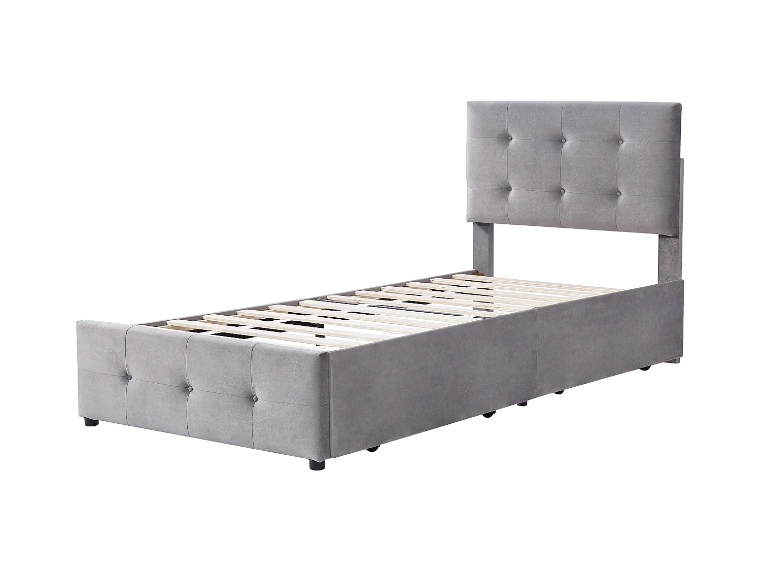 Lit enfant 90x200cm avec 2 tiroirs et tête de lit réglable en hauteur,tissu en velours gris, sans matelas