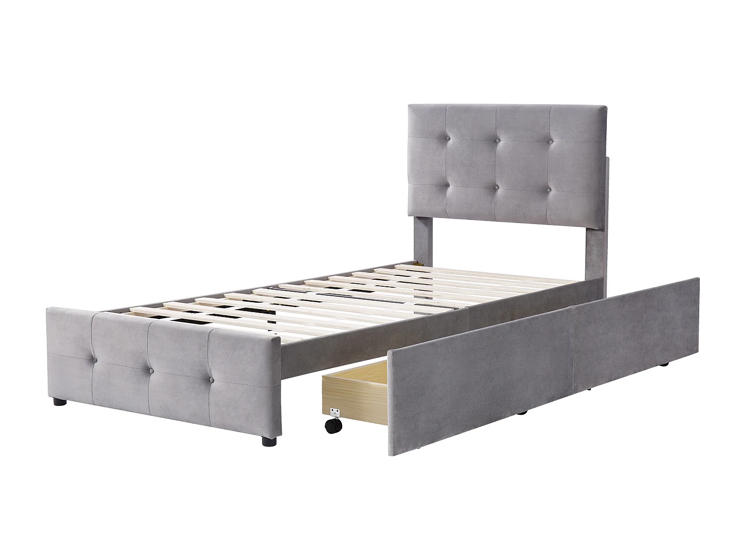 Cama infantil 90x200 cm com 2 gavetas e cabeceira regulável em altura, revestida em veludo cinzento, sem colchão