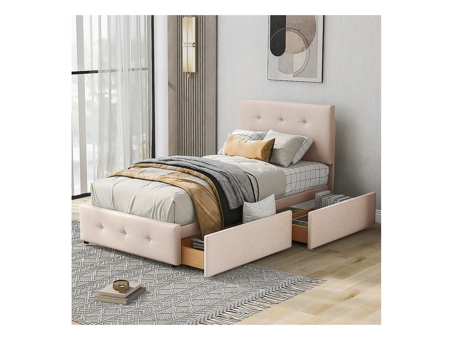 Lit enfant 90x200cm avec 2 tiroirs et tête de lit réglable en hauteur,tissu en velours beige, sans matelas