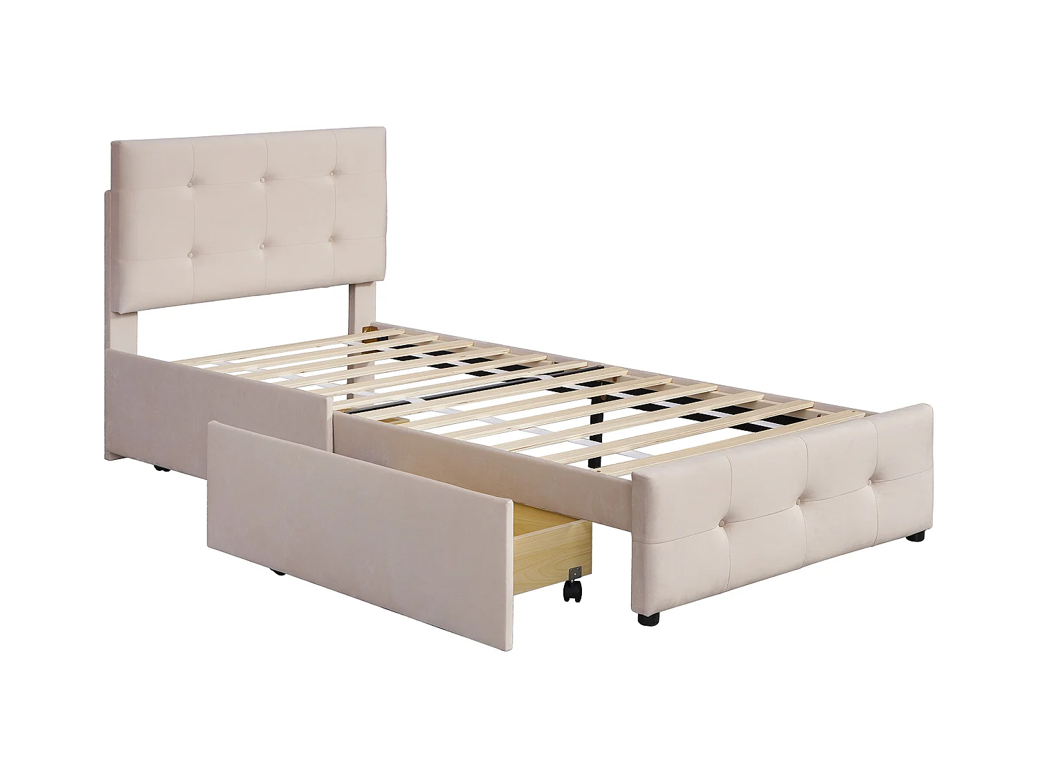 Lit enfant 90x200cm avec 2 tiroirs et tête de lit réglable en hauteur,tissu en velours beige, sans matelas