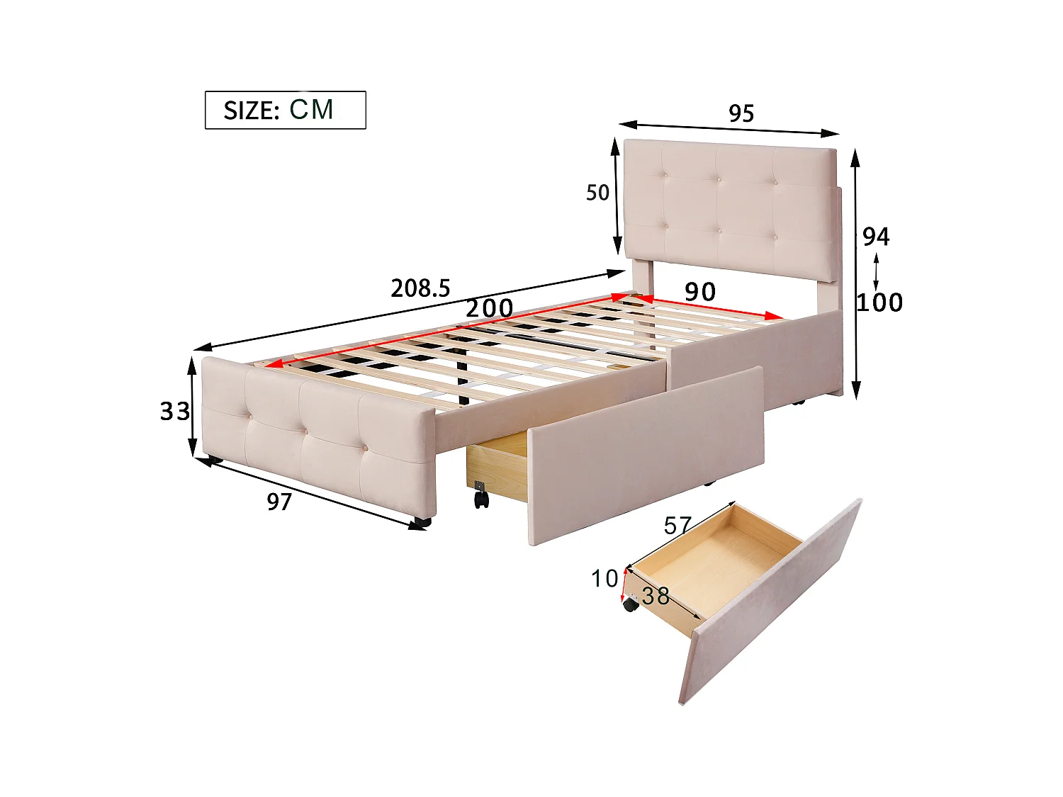 Lit enfant 90x200cm avec 2 tiroirs et tête de lit réglable en hauteur,tissu en velours beige, sans matelas