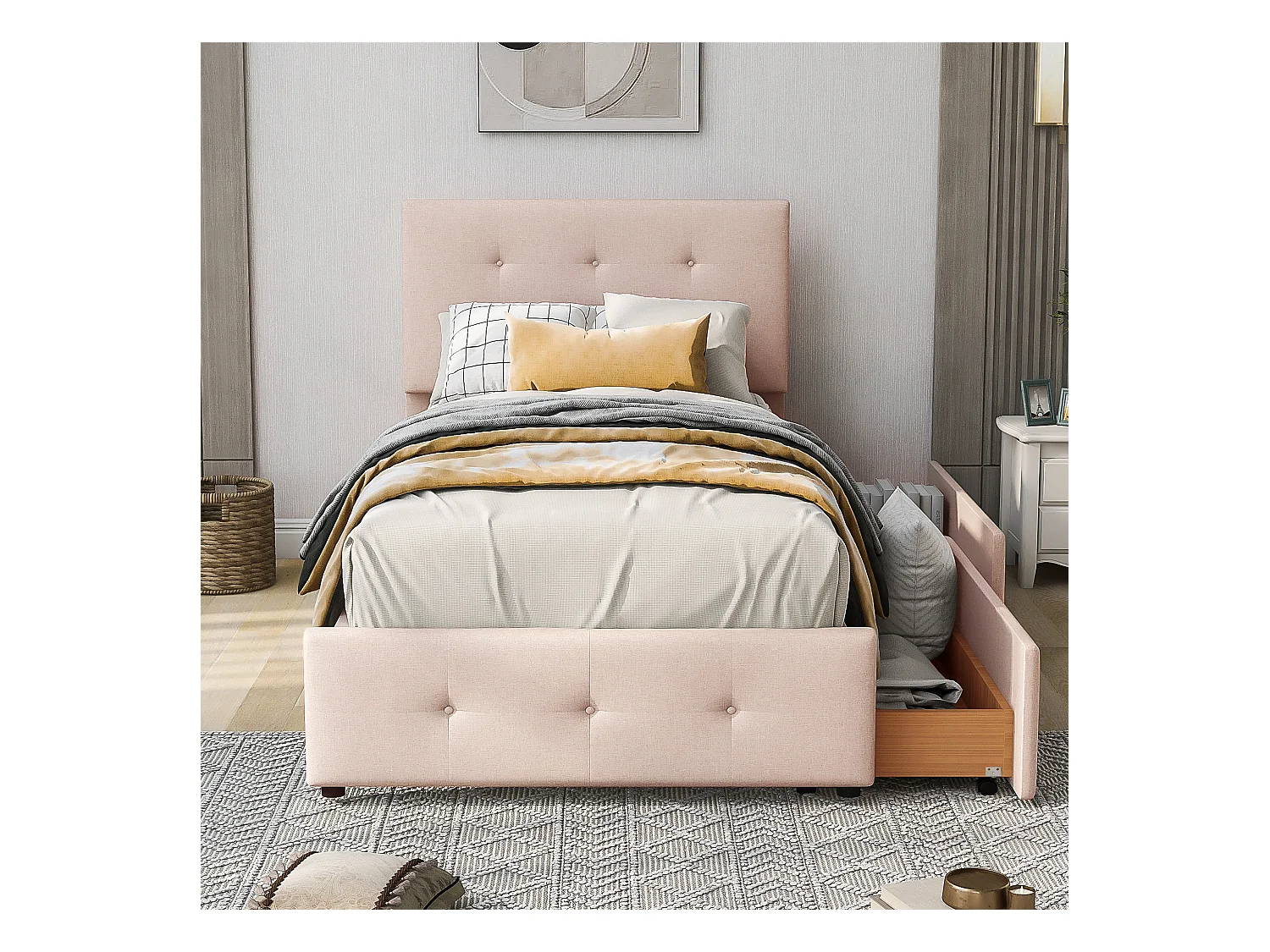 Lit enfant 90x200cm avec 2 tiroirs et tête de lit réglable en hauteur,tissu en velours beige, sans matelas