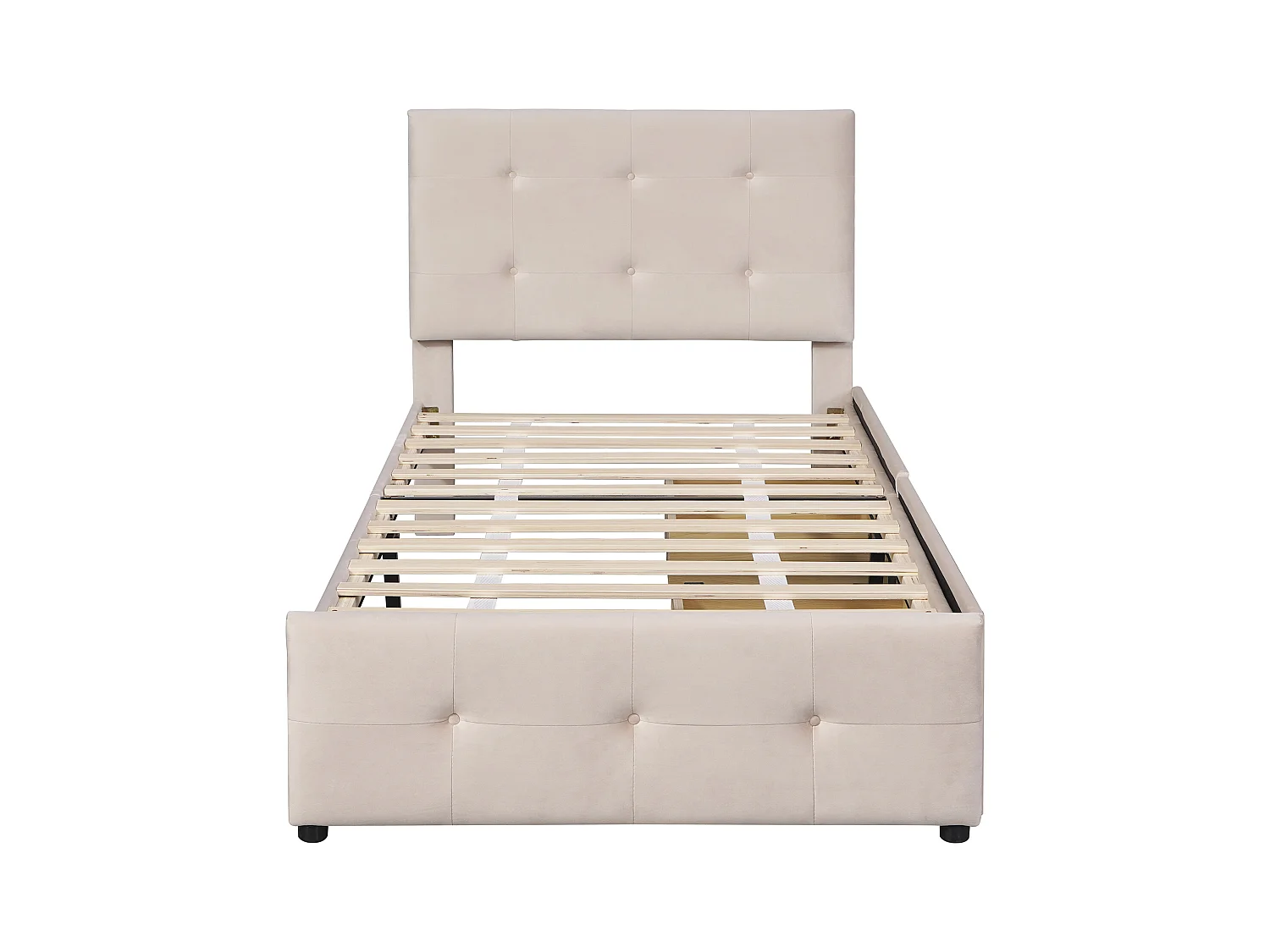 Lit enfant 90x200cm avec 2 tiroirs et tête de lit réglable en hauteur,tissu en velours beige, sans matelas