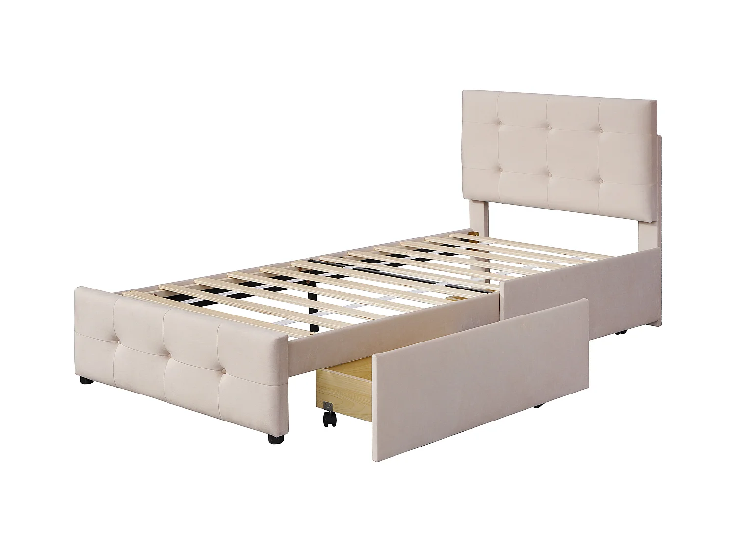 Lit enfant 90x200cm avec 2 tiroirs et tête de lit réglable en hauteur,tissu en velours beige, sans matelas