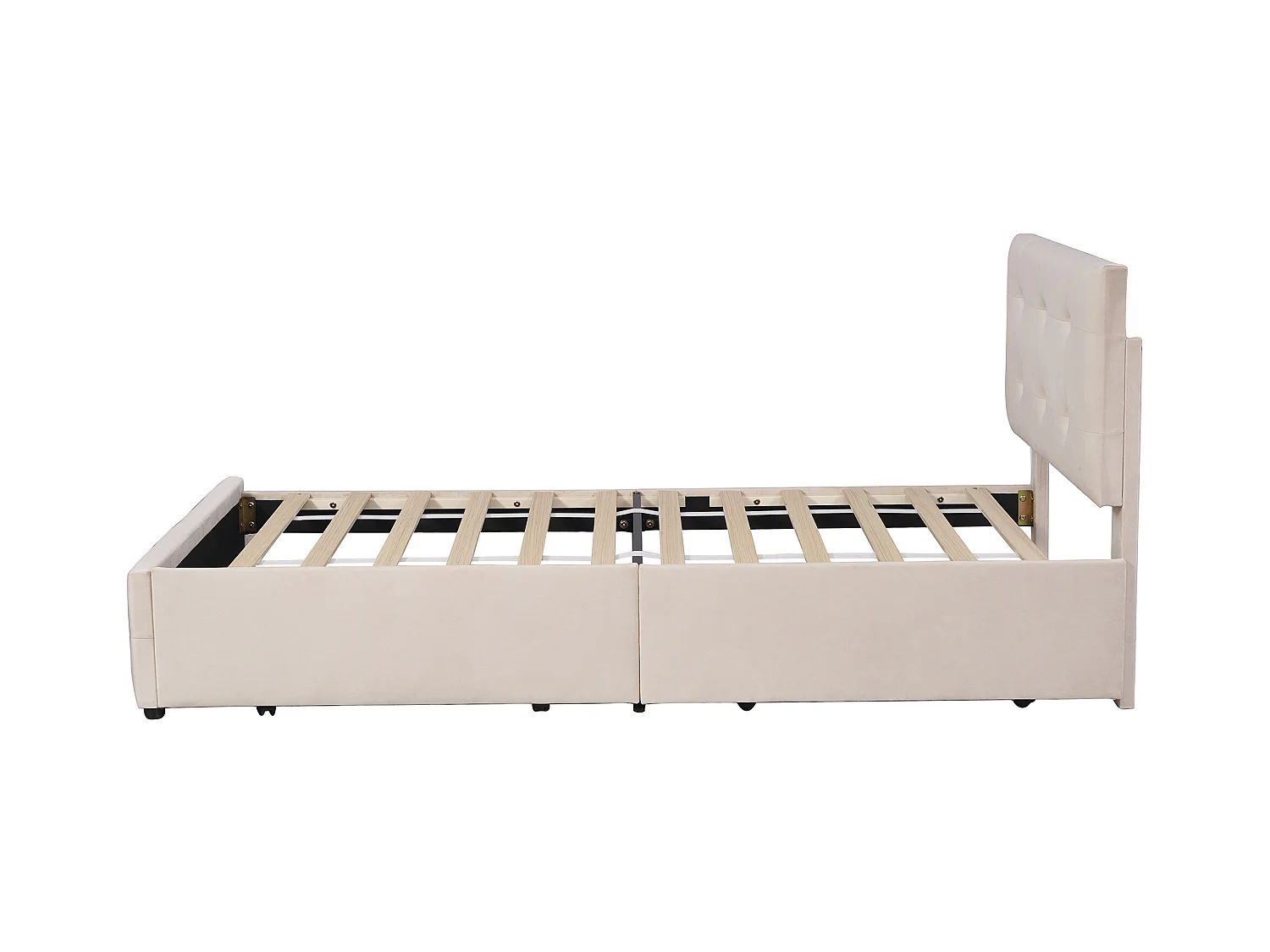 Lit enfant 90x200cm avec 2 tiroirs et tête de lit réglable en hauteur,tissu en velours beige, sans matelas