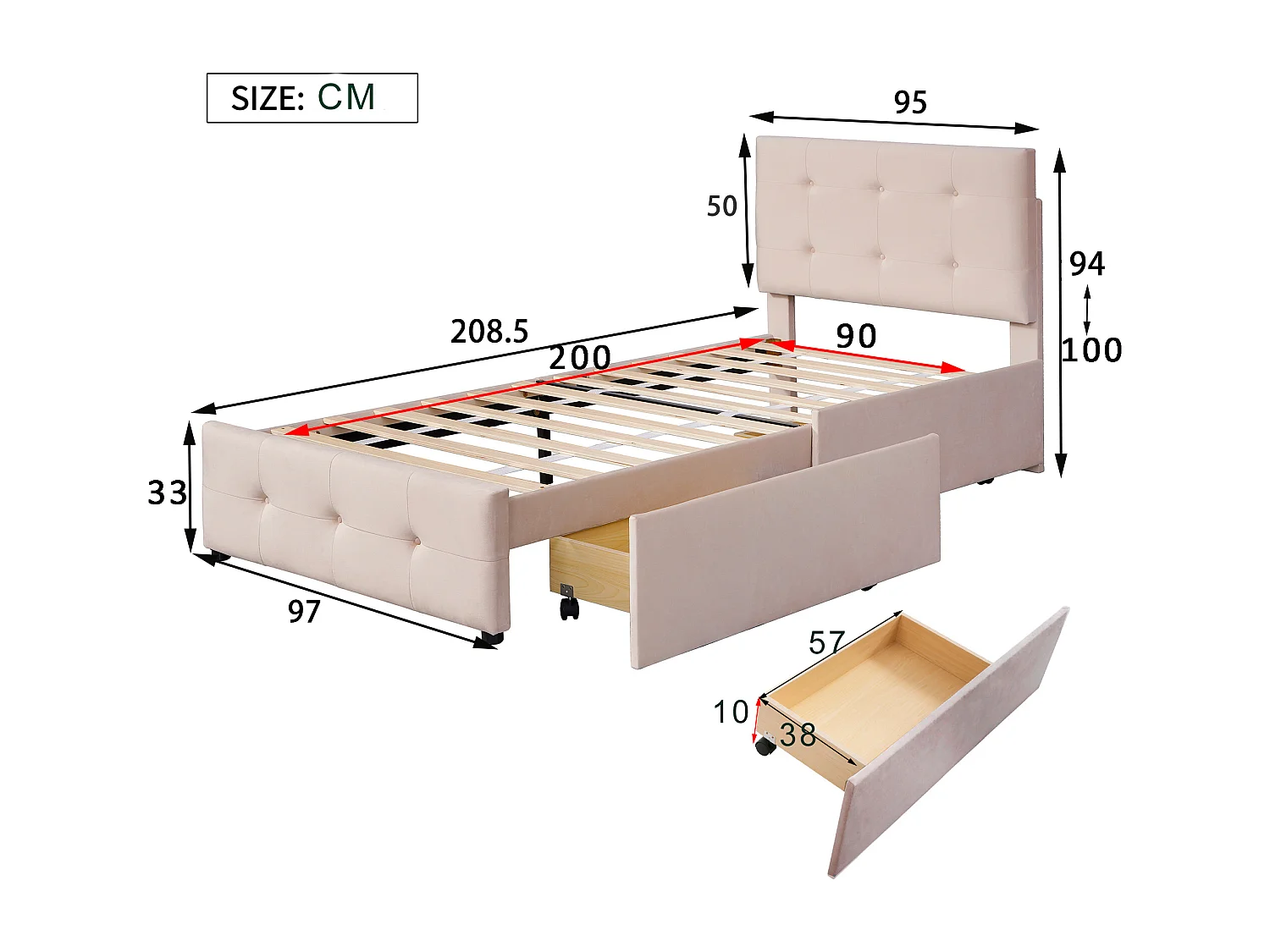 Cama infantil 90x200 cm con 2 cajones y cabecero ajustable en altura, tapizada en terciopelo beige, sin colchón