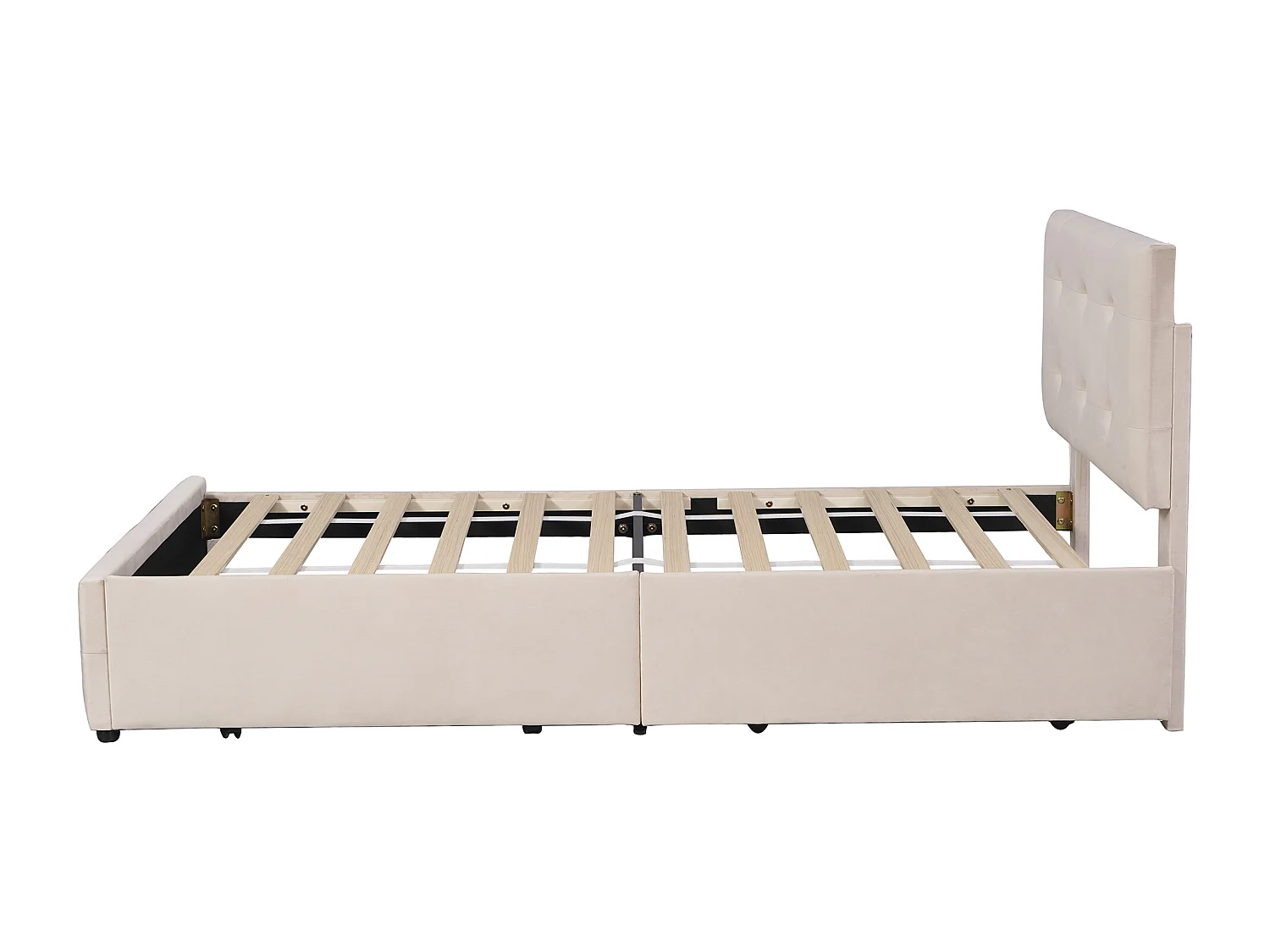 Cama infantil 90x200 cm con 2 cajones y cabecero ajustable en altura, tapizada en terciopelo beige, sin colchón