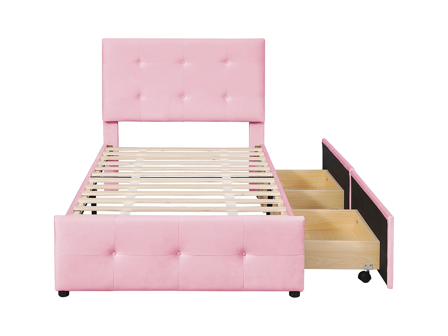 Lit enfant 90x200cm avec 2 tiroirs et tête de lit réglable en hauteur,tissu en velours rose, sans matelas