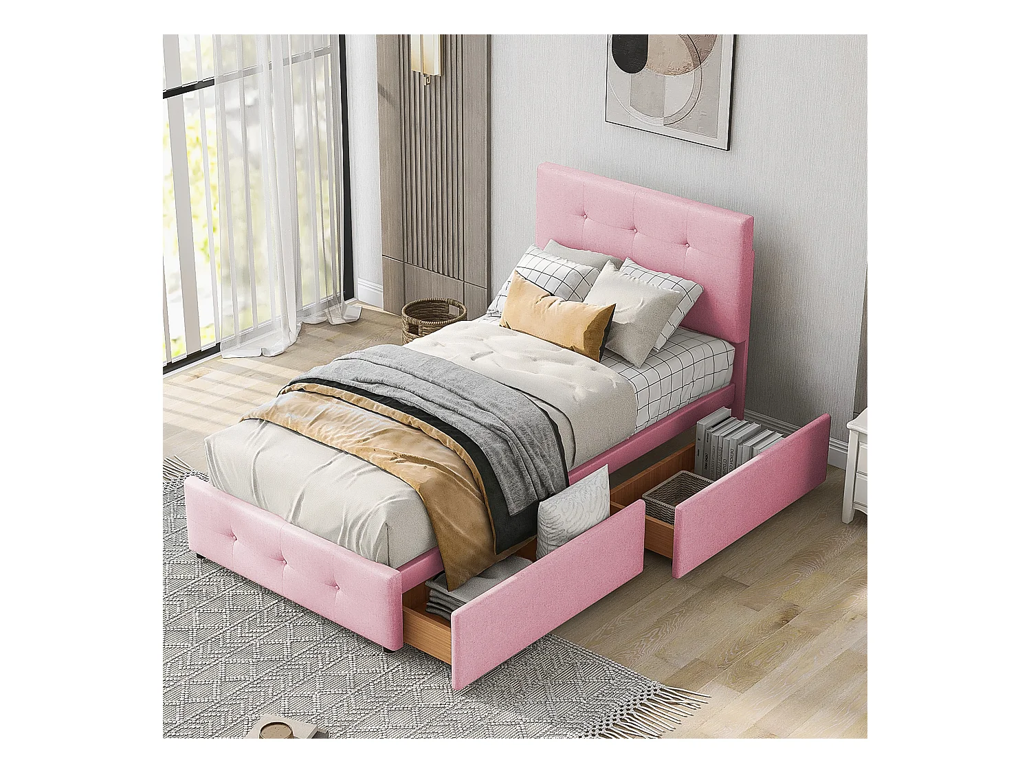 Lit enfant 90x200cm avec 2 tiroirs et tête de lit réglable en hauteur,tissu en velours rose, sans matelas