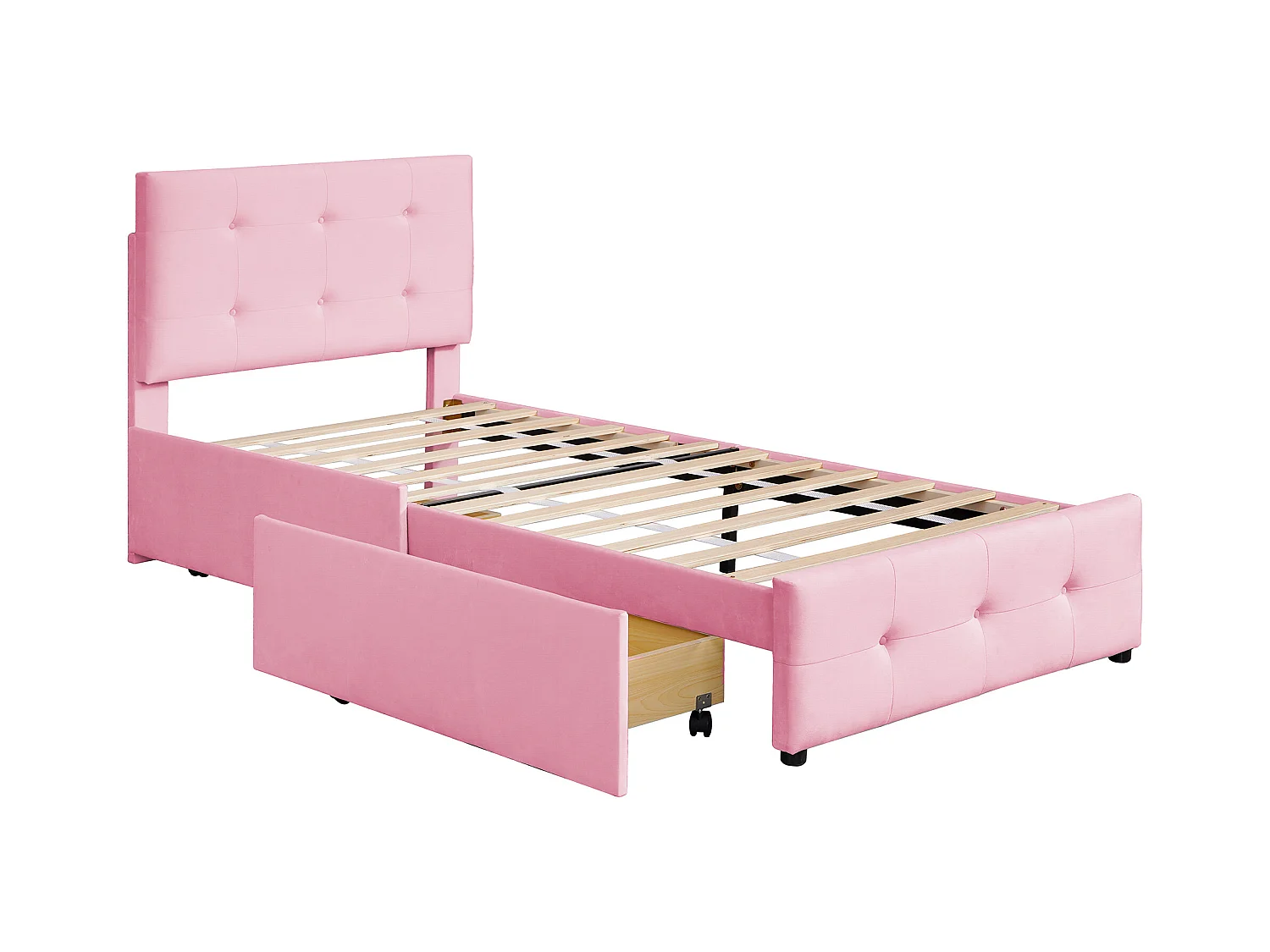Lit enfant 90x200cm avec 2 tiroirs et tête de lit réglable en hauteur,tissu en velours rose, sans matelas