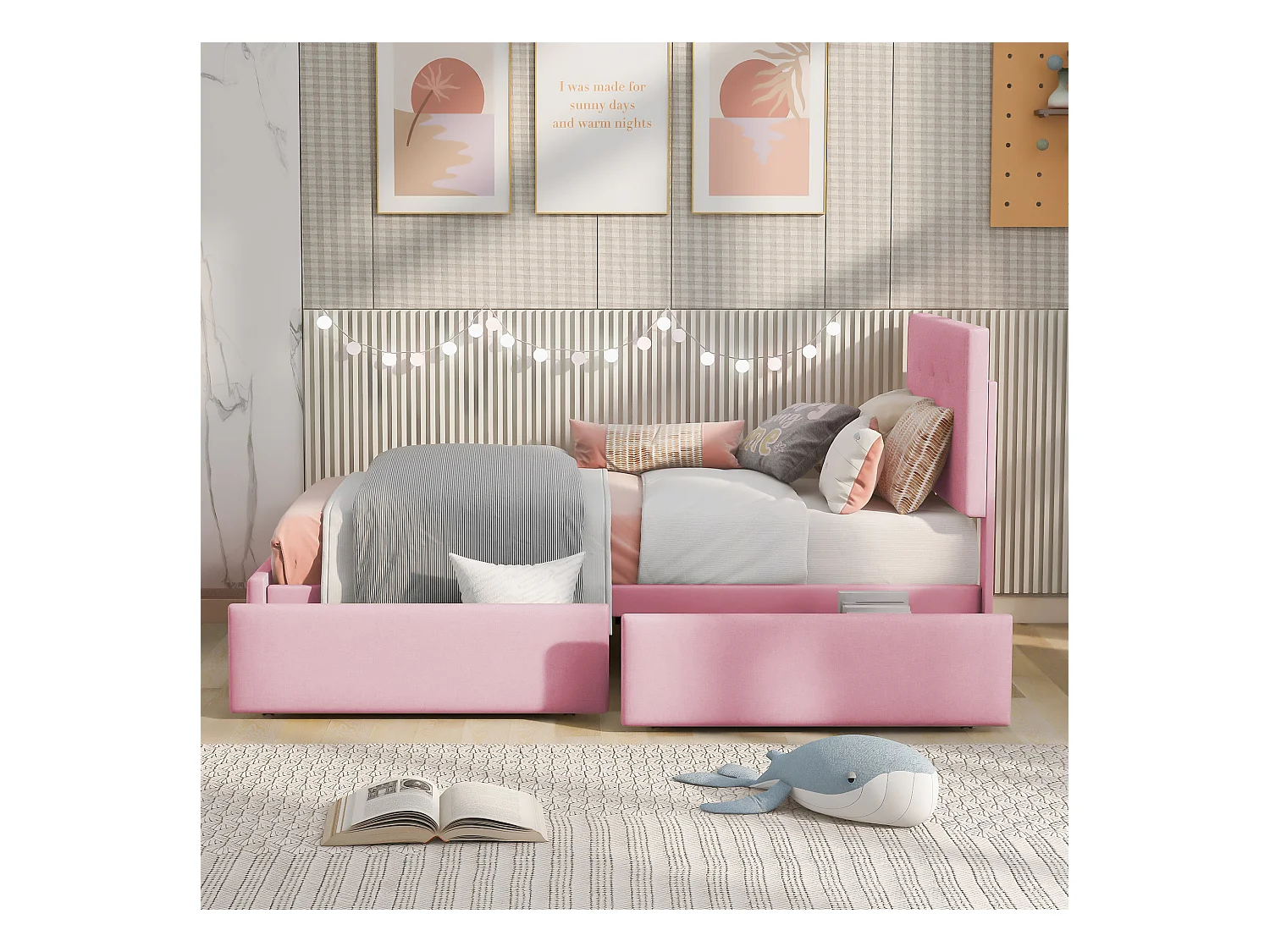 Lit enfant 90x200cm avec 2 tiroirs et tête de lit réglable en hauteur,tissu en velours rose, sans matelas