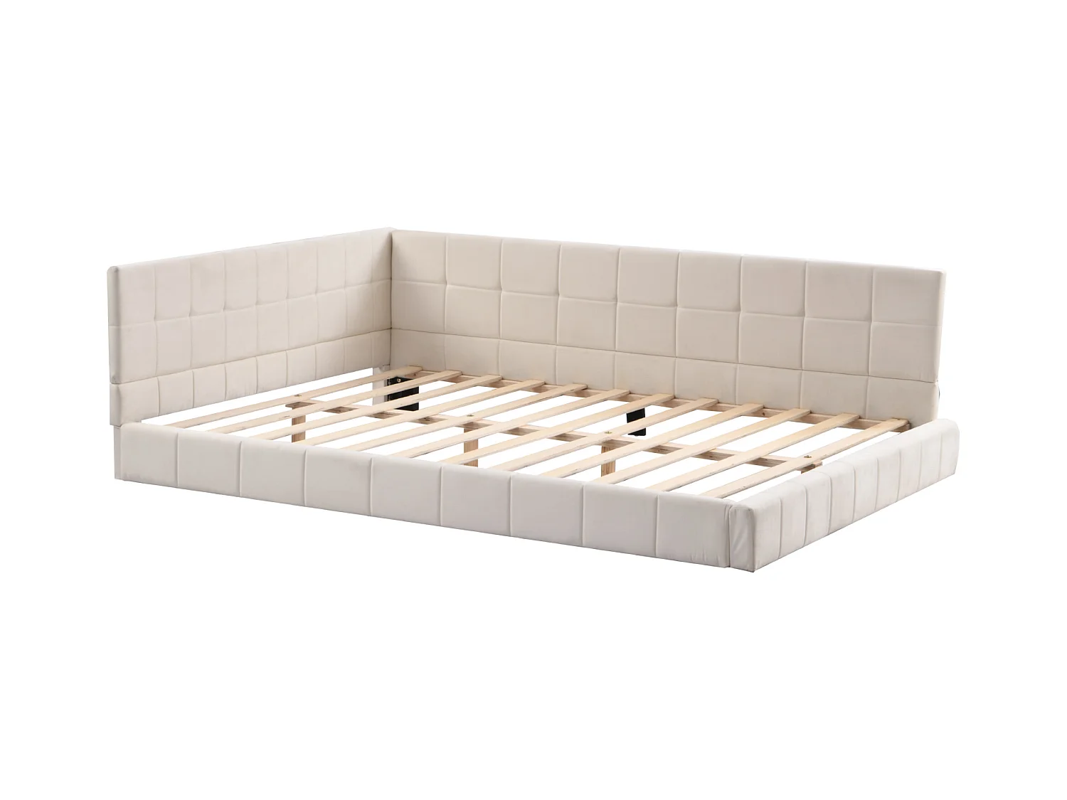 Lit adulte 140x200cm, lit banquette avec 2 grands accoudoirs, sommier inclus, velours beige, sans matelas