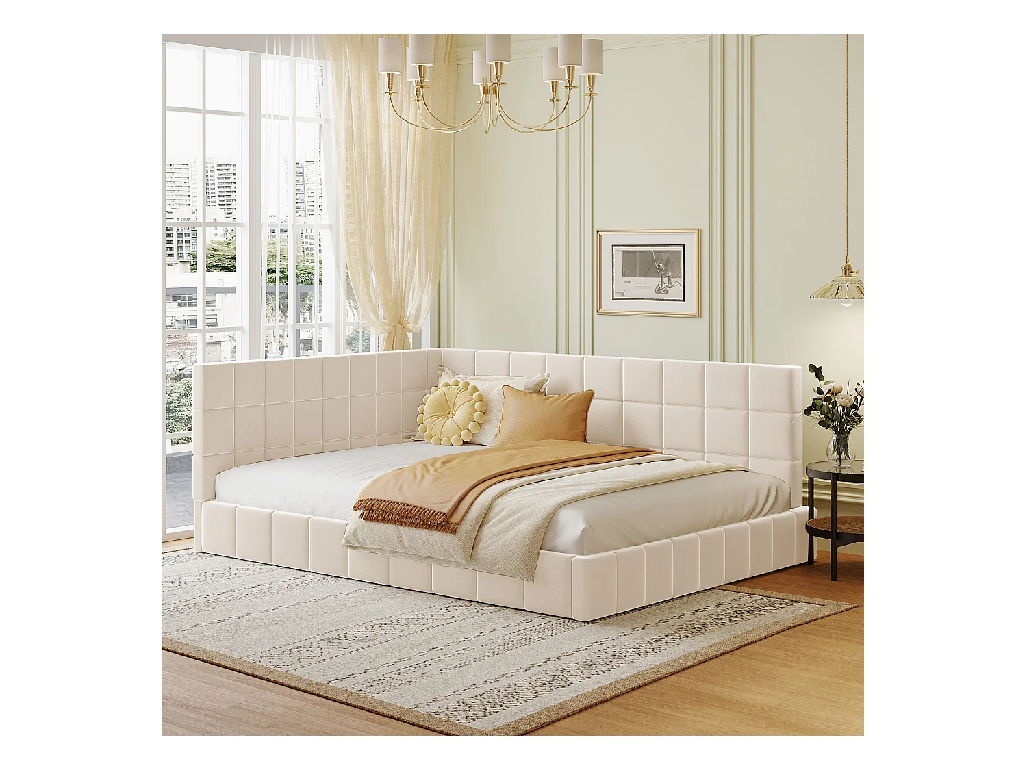 Lit adulte 140x200cm, lit banquette avec 2 grands accoudoirs, sommier inclus, velours beige, sans matelas
