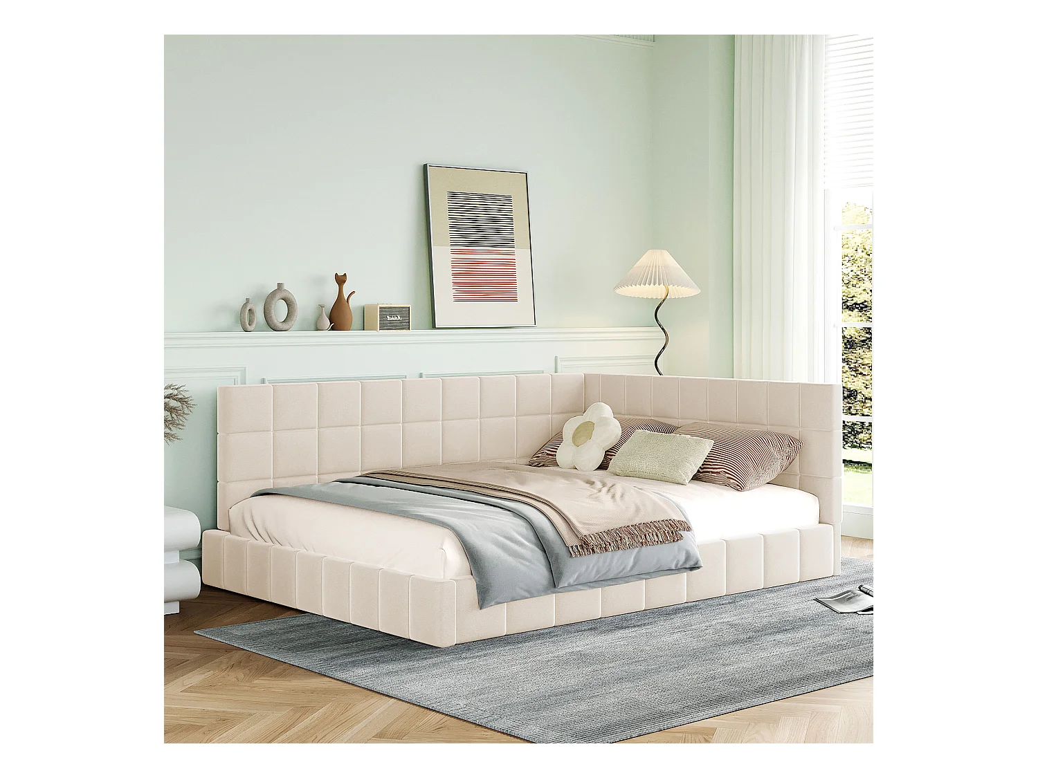 Lit adulte 140x200cm, lit banquette avec 2 grands accoudoirs, sommier inclus, velours beige, sans matelas