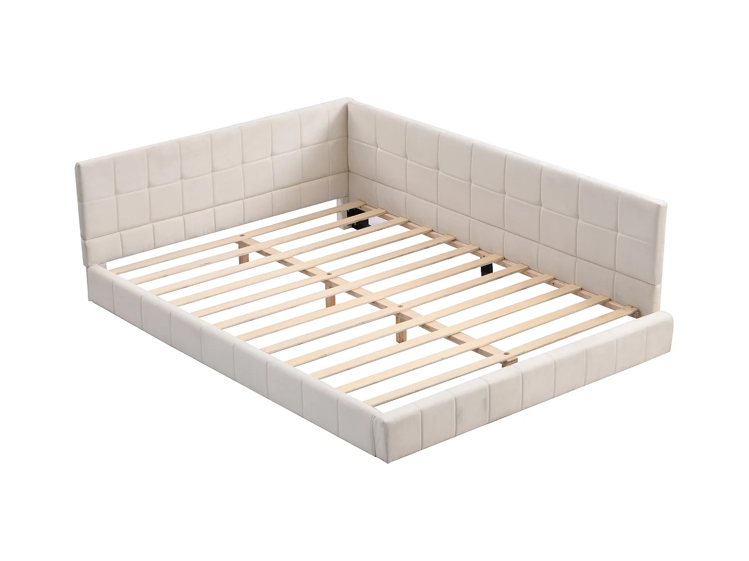 Lit adulte 140x200cm, lit banquette avec 2 grands accoudoirs, sommier inclus, velours beige, sans matelas