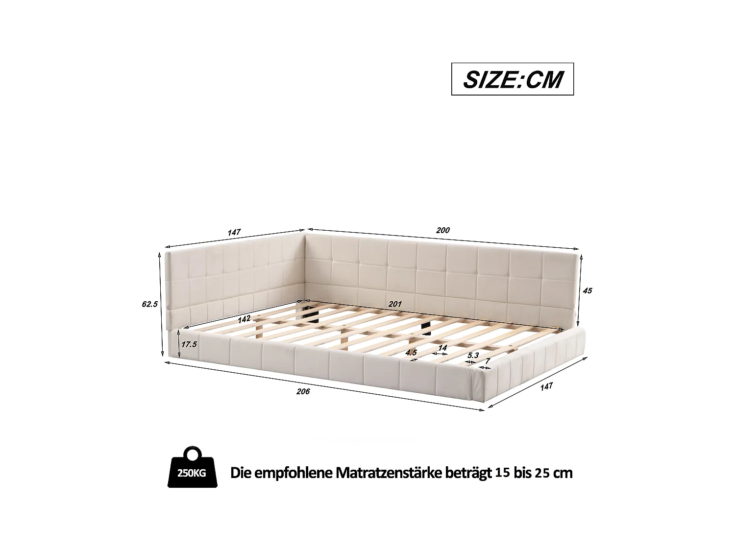 Lit adulte 140x200cm, lit banquette avec 2 grands accoudoirs, sommier inclus, velours beige, sans matelas