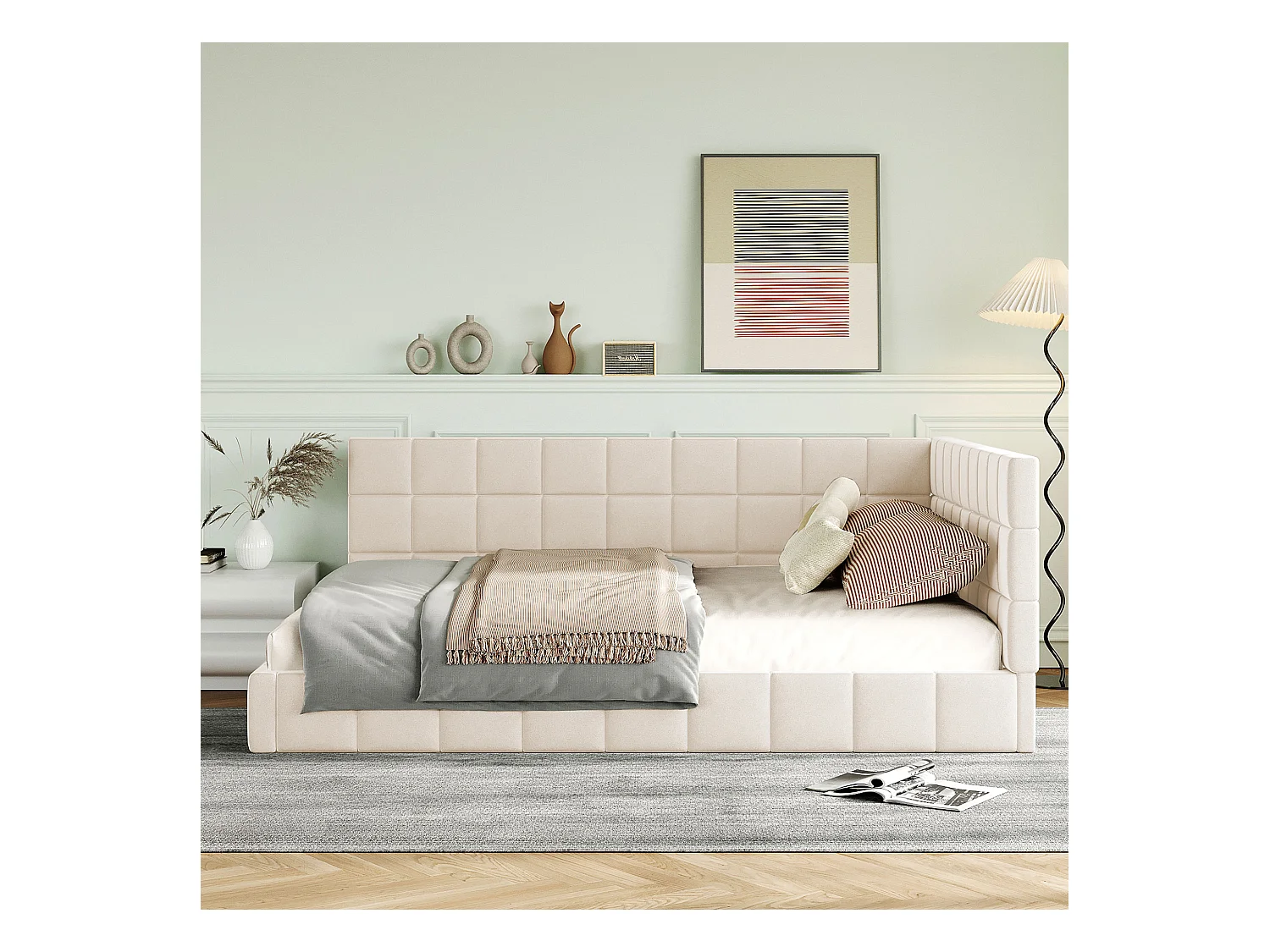 Lit adulte 140x200cm, lit banquette avec 2 grands accoudoirs, sommier inclus, velours beige, sans matelas