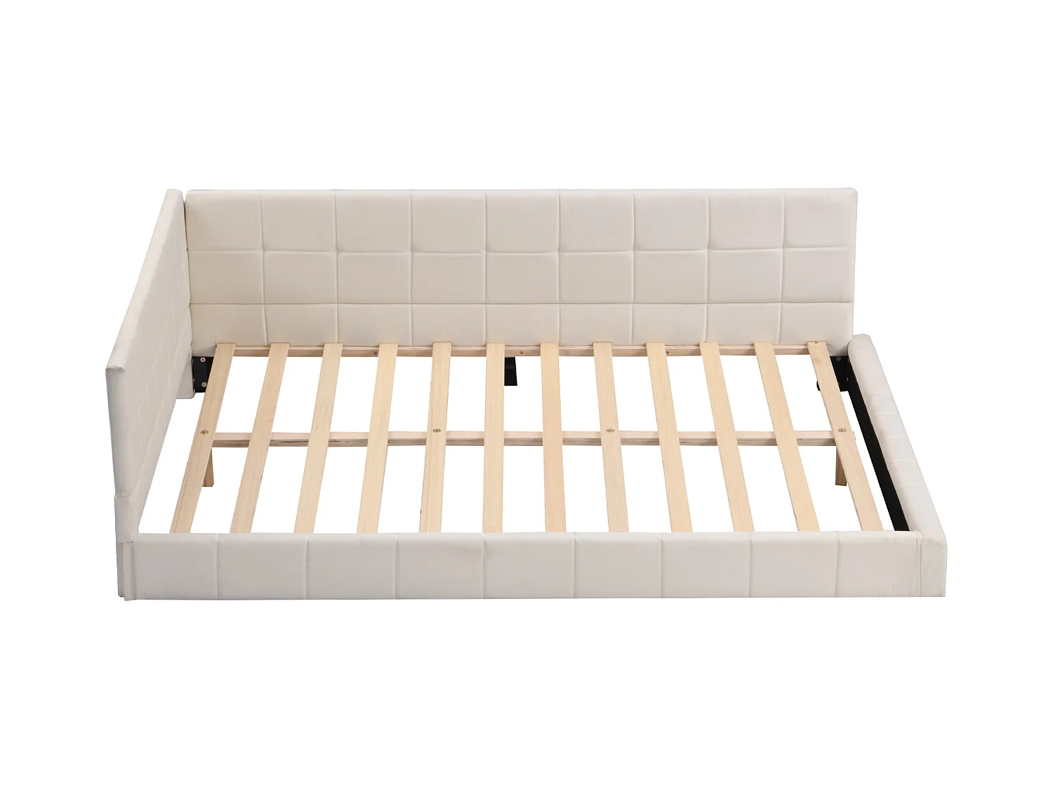 Lit adulte 140x200cm, lit banquette avec 2 grands accoudoirs, sommier inclus, velours beige, sans matelas