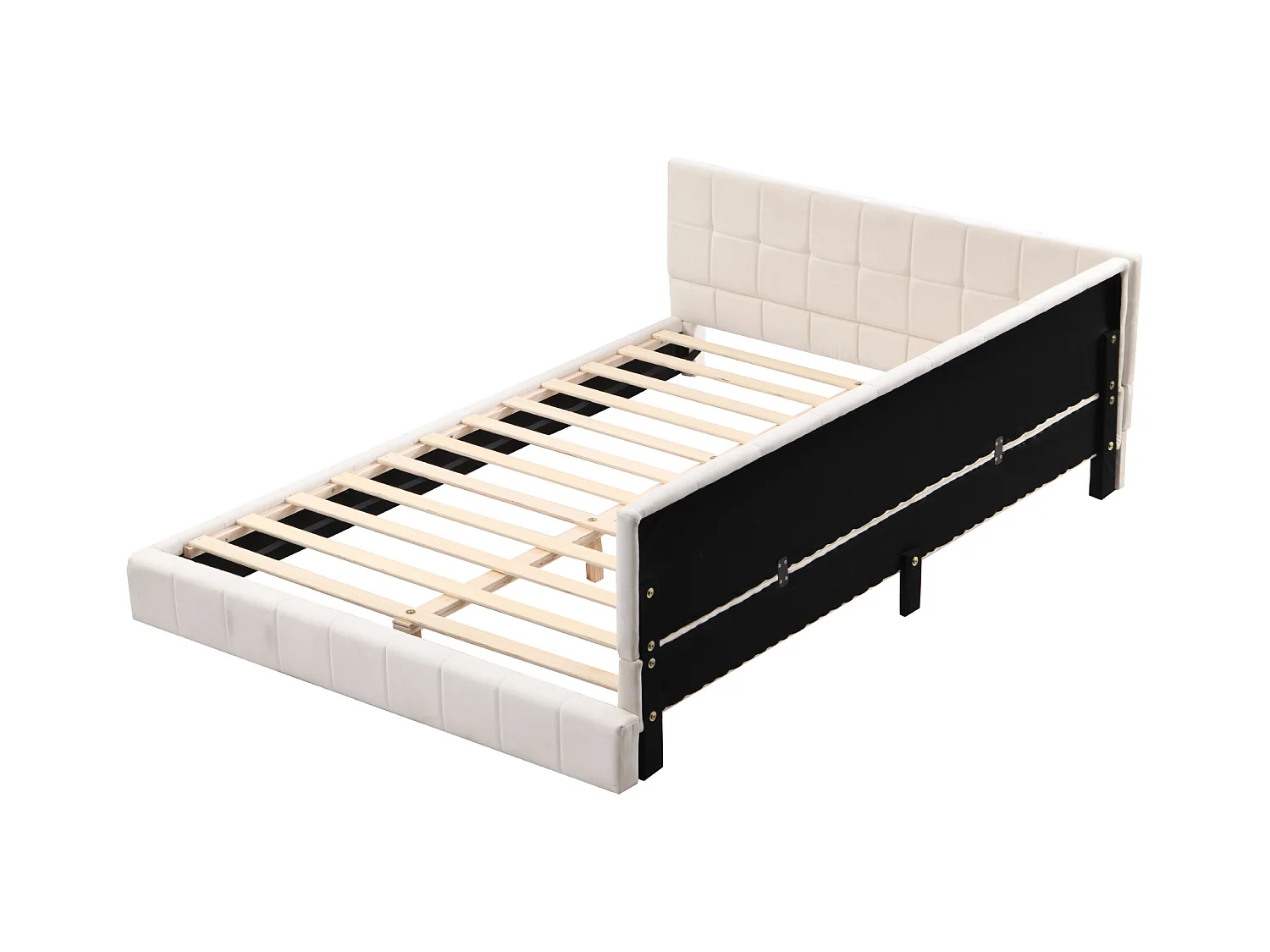 Lit adulte 140x200cm, lit banquette avec 2 grands accoudoirs, sommier inclus, velours beige, sans matelas