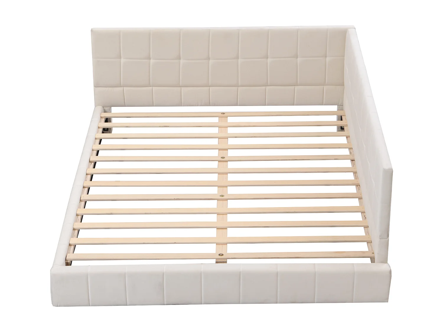 Lit adulte 140x200cm, lit banquette avec 2 grands accoudoirs, sommier inclus, velours beige, sans matelas