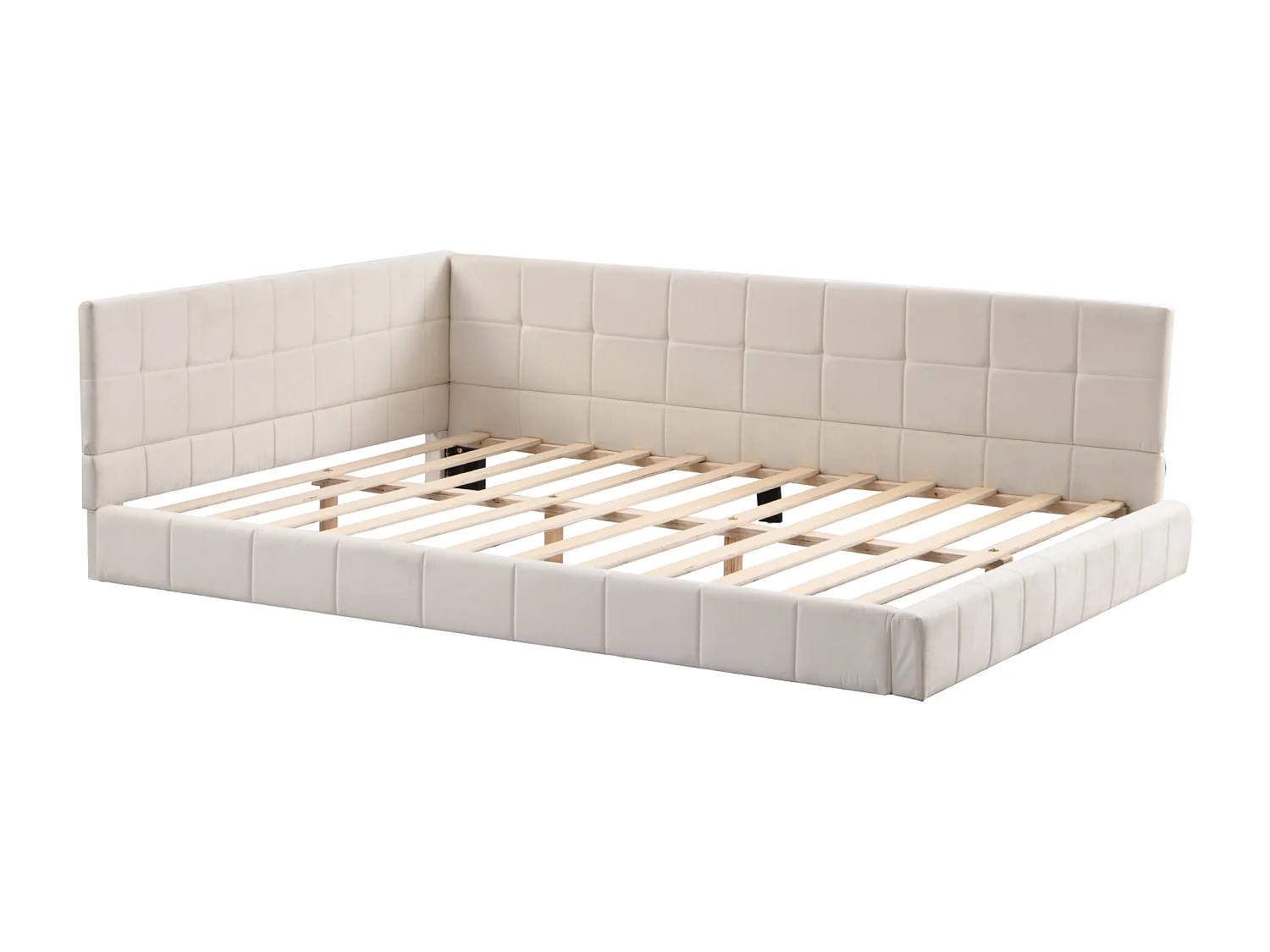 Lit adulte 140x200cm, lit banquette avec 2 grands accoudoirs, sommier inclus, velours beige, sans matelas