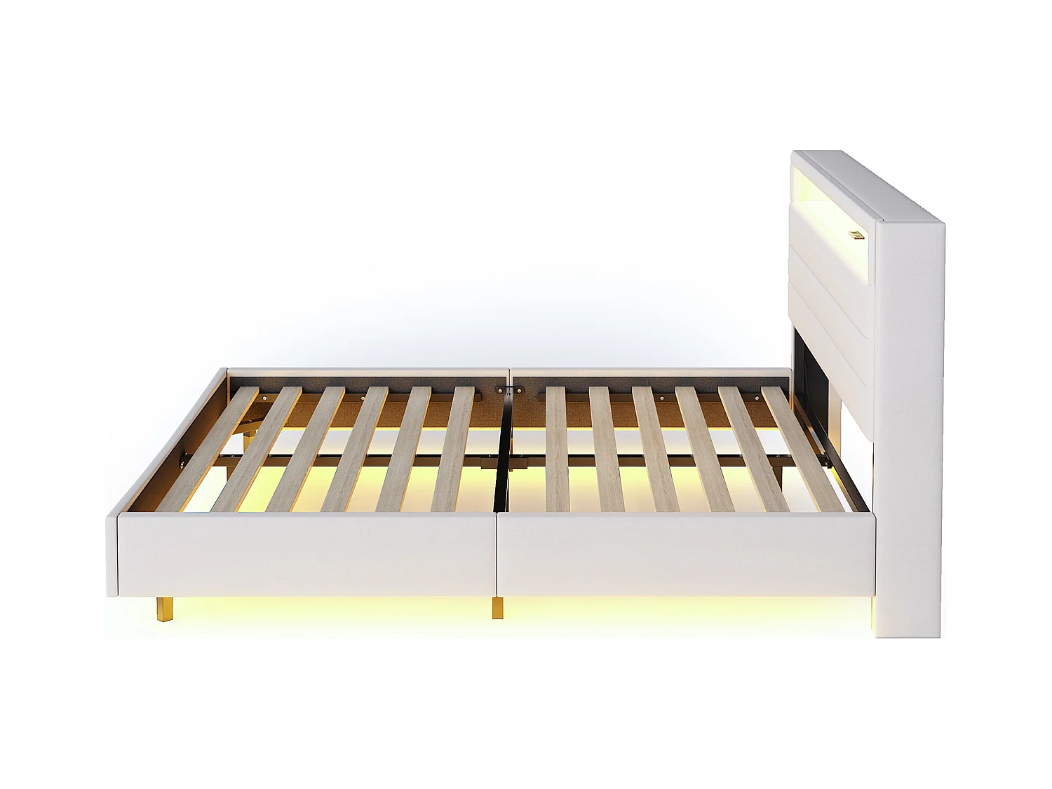 Lit adulte 160x200cm avec tête de lit de rangement et LED, designe flottant, en lin beige, sans matelas