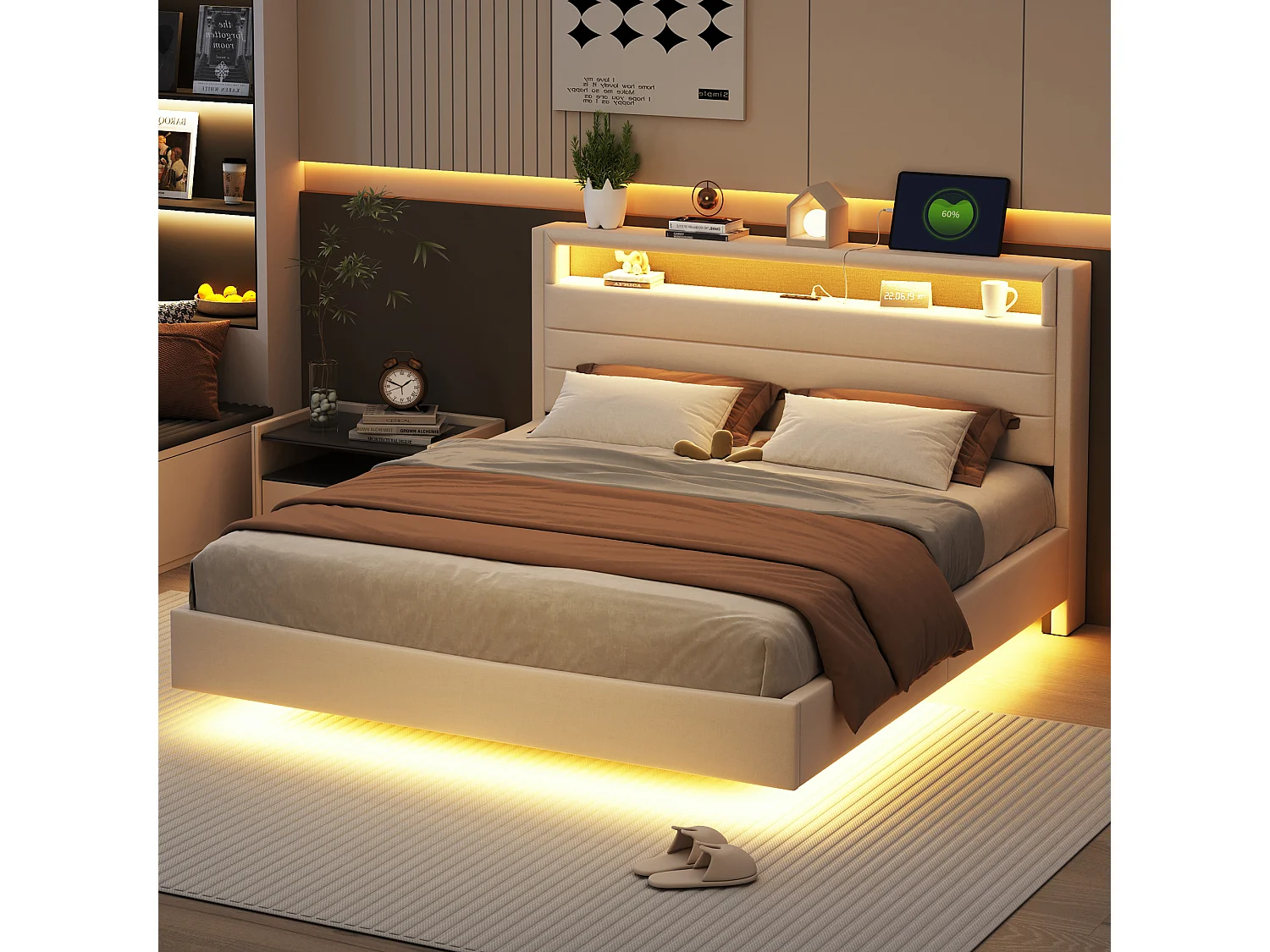 Letto matrimoniale 160x200 cm con testiera contenitore e luci LED, design sospeso, in lino beige, senza materasso