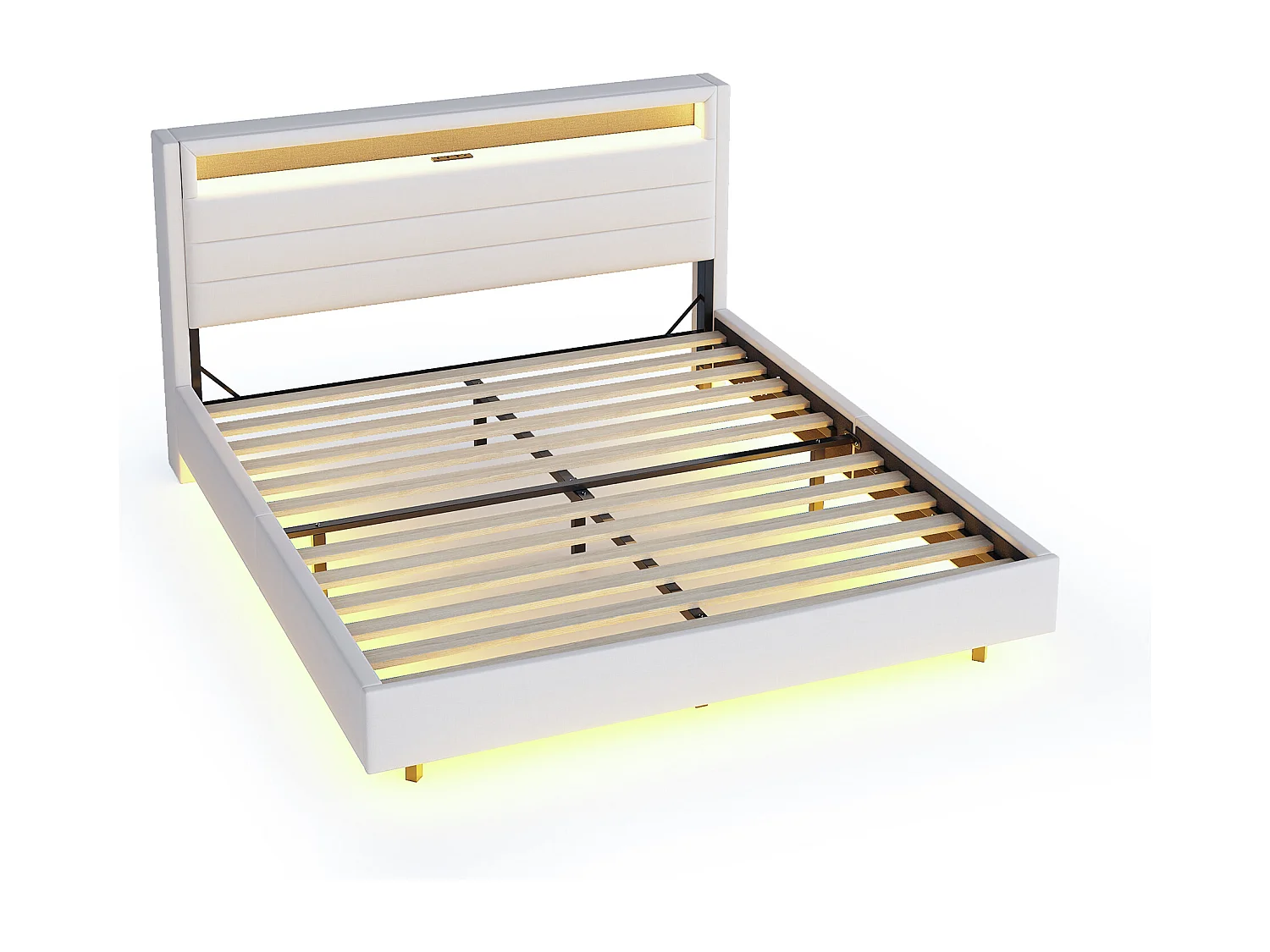 Letto matrimoniale 160x200 cm con testiera contenitore e luci LED, design sospeso, in lino beige, senza materasso
