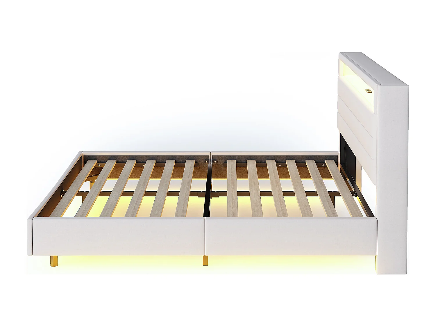 Letto matrimoniale 160x200 cm con testiera contenitore e luci LED, design sospeso, in lino beige, senza materasso