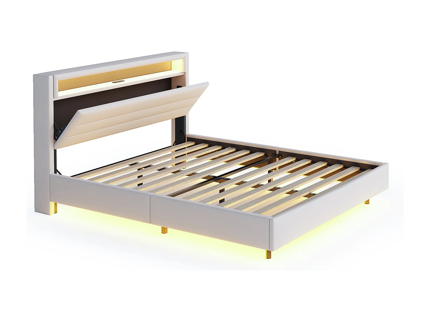 Letto matrimoniale 160x200 cm con testiera contenitore e luci LED, design sospeso, in lino beige, senza materasso