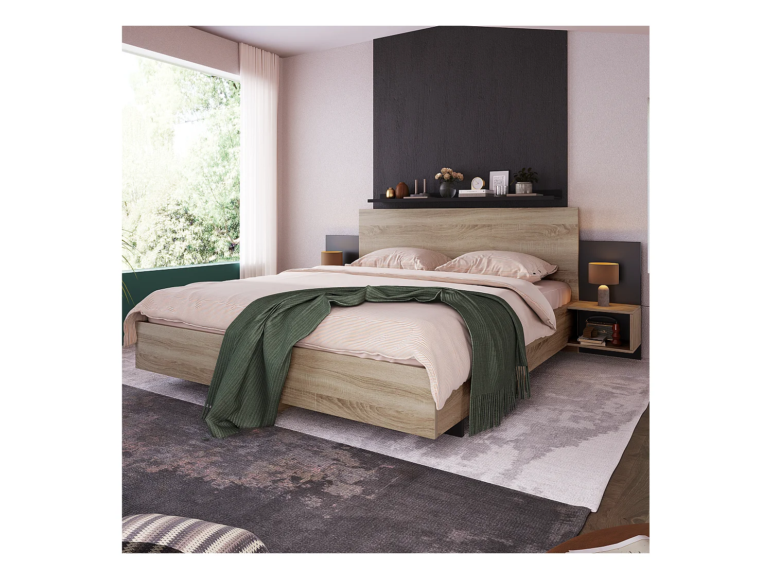 Lit adulte 160x200cm avec 2 compartiments de rangement,cadre en bois, sommier inclus, sans matelas