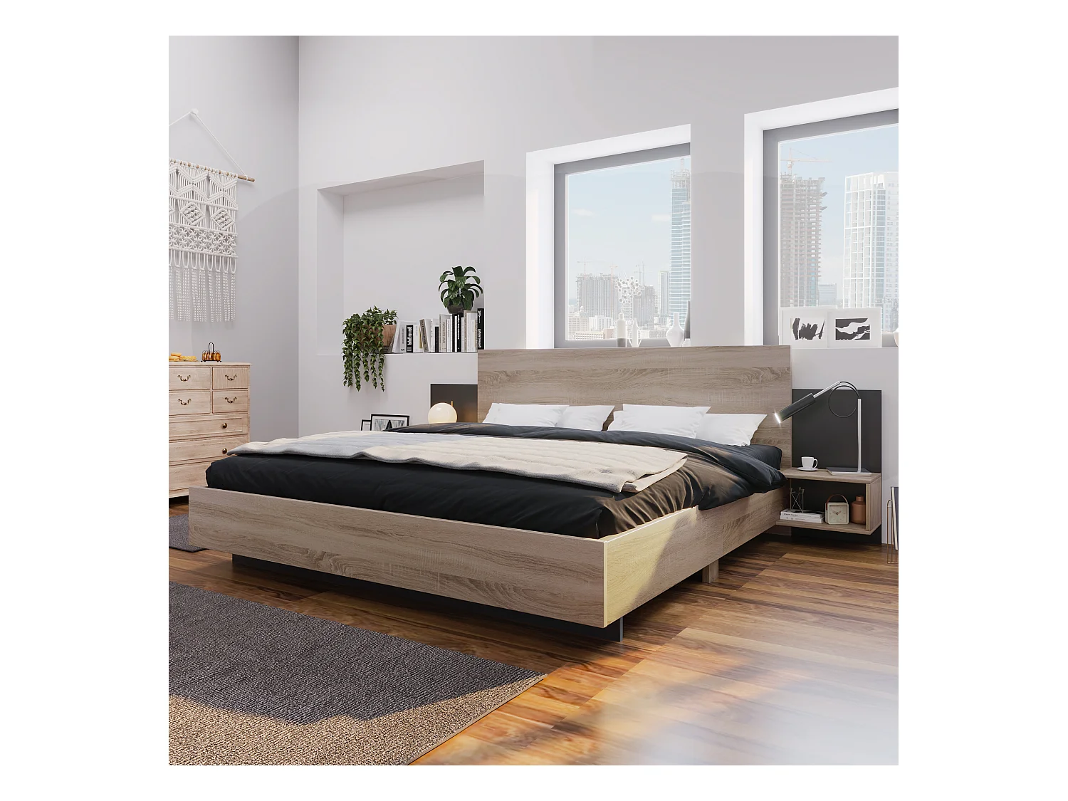 Lit adulte 160x200cm avec 2 compartiments de rangement,cadre en bois, sommier inclus, sans matelas