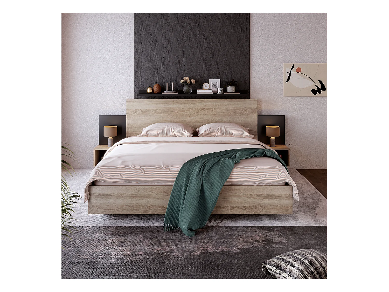 Lit adulte 160x200cm avec 2 compartiments de rangement,cadre en bois, sommier inclus, sans matelas