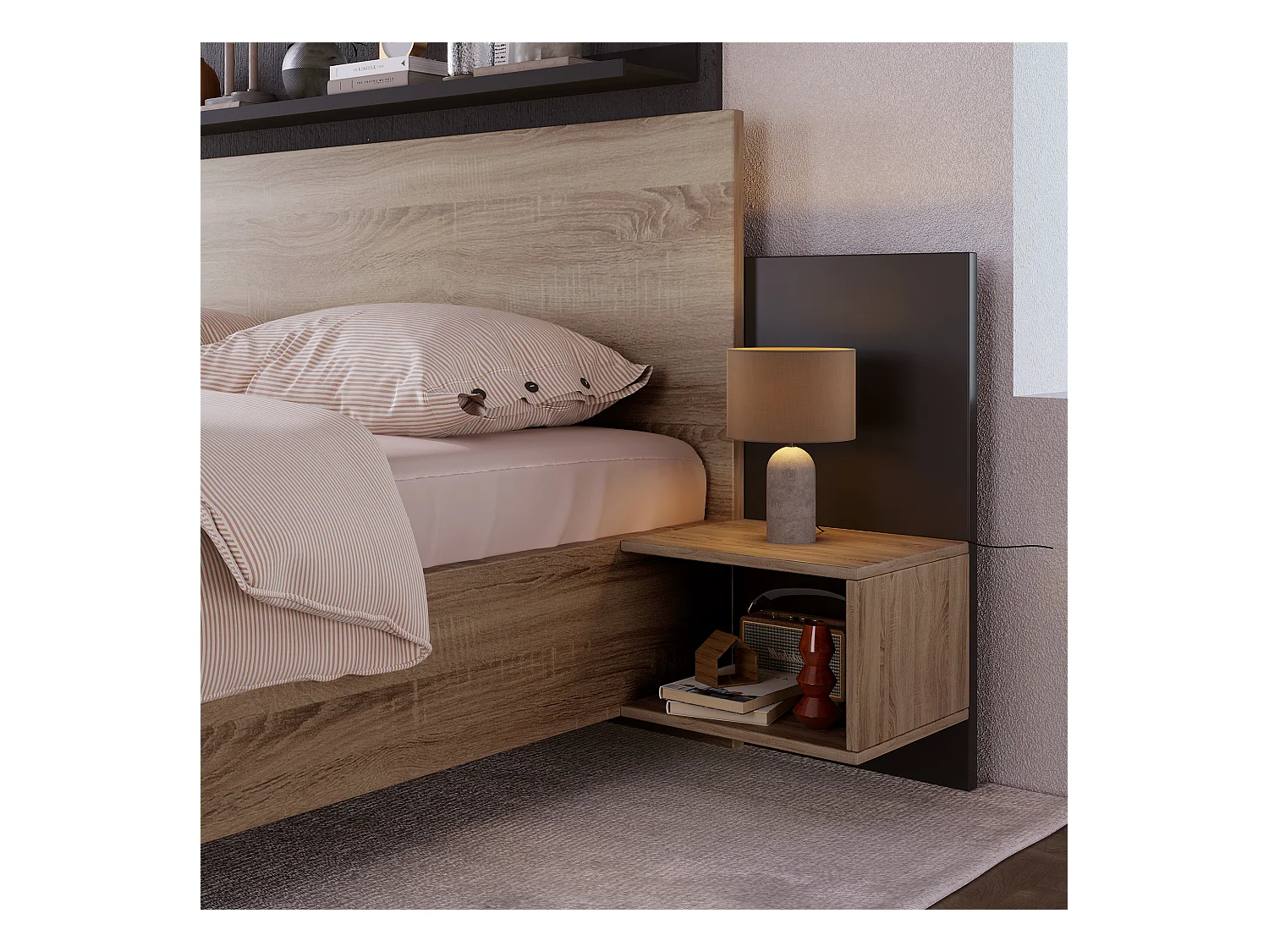 Lit adulte 160x200cm avec 2 compartiments de rangement,cadre en bois, sommier inclus, sans matelas