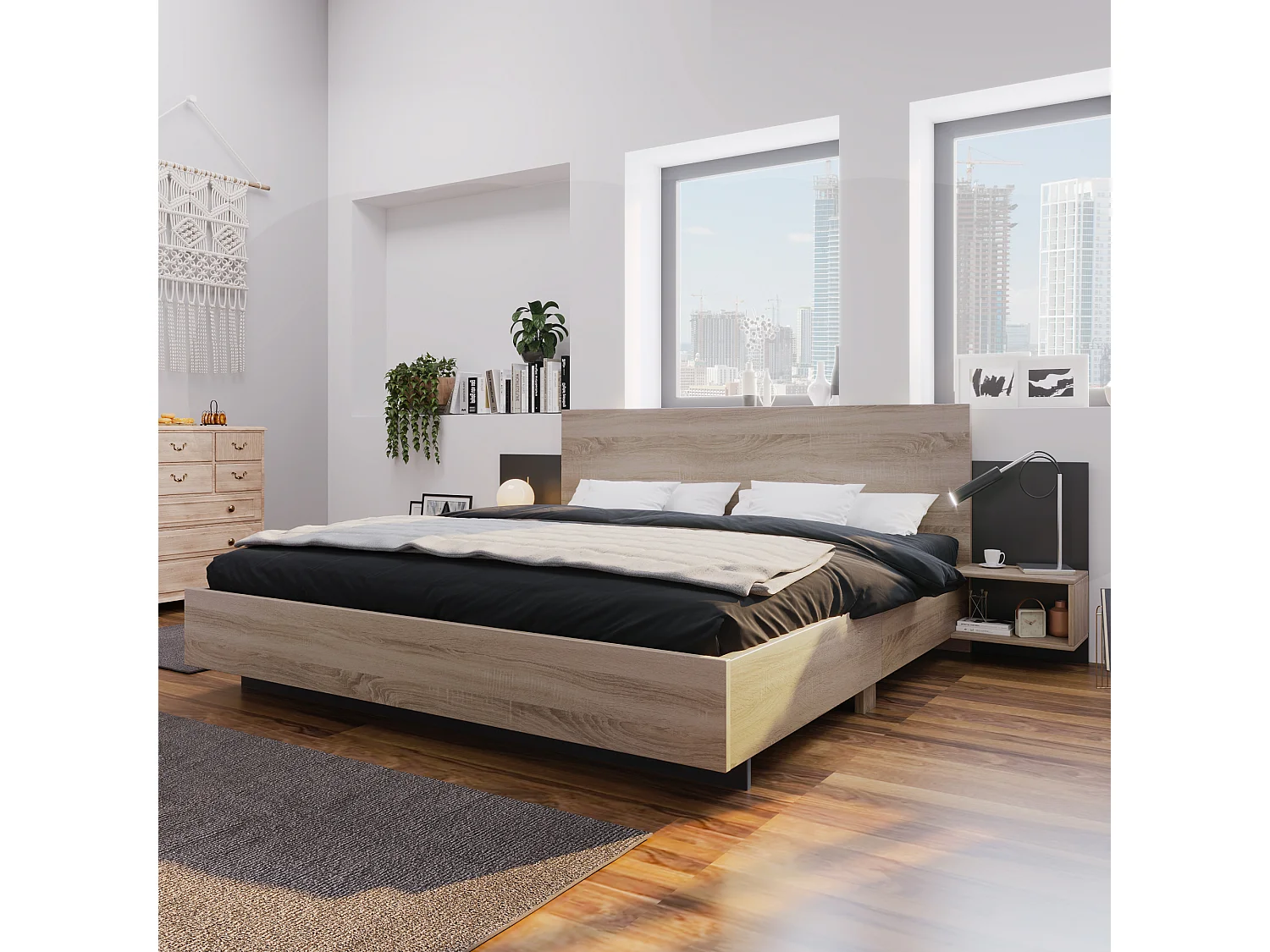 Lit adulte 160x200cm avec 2 compartiments de rangement,cadre en bois, sommier inclus, sans matelas