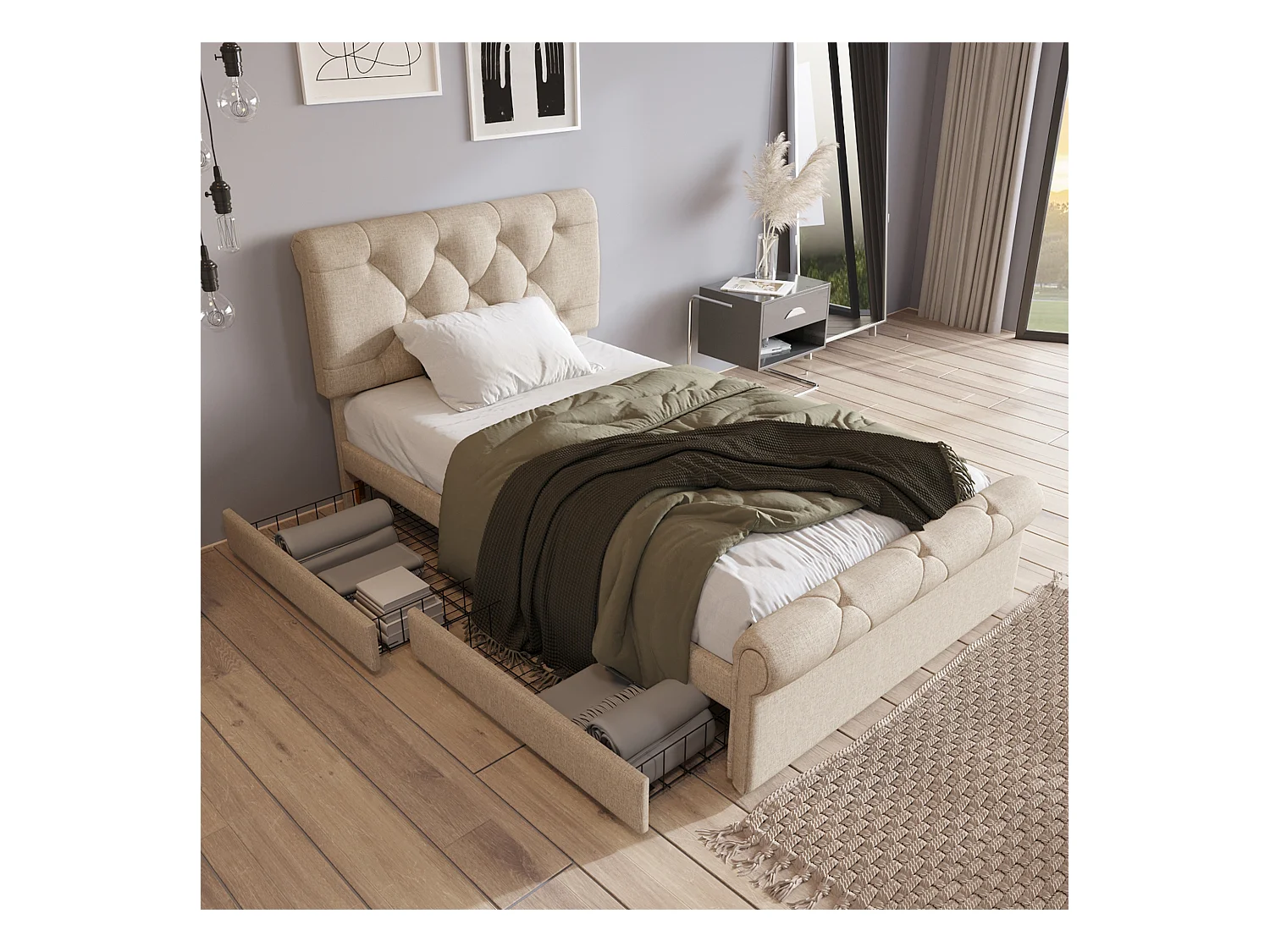 Lit enfant 90x200cm avec 2 tiroirs et tête de lit réglable en hauteur,tissu en lin beige, sans matelas