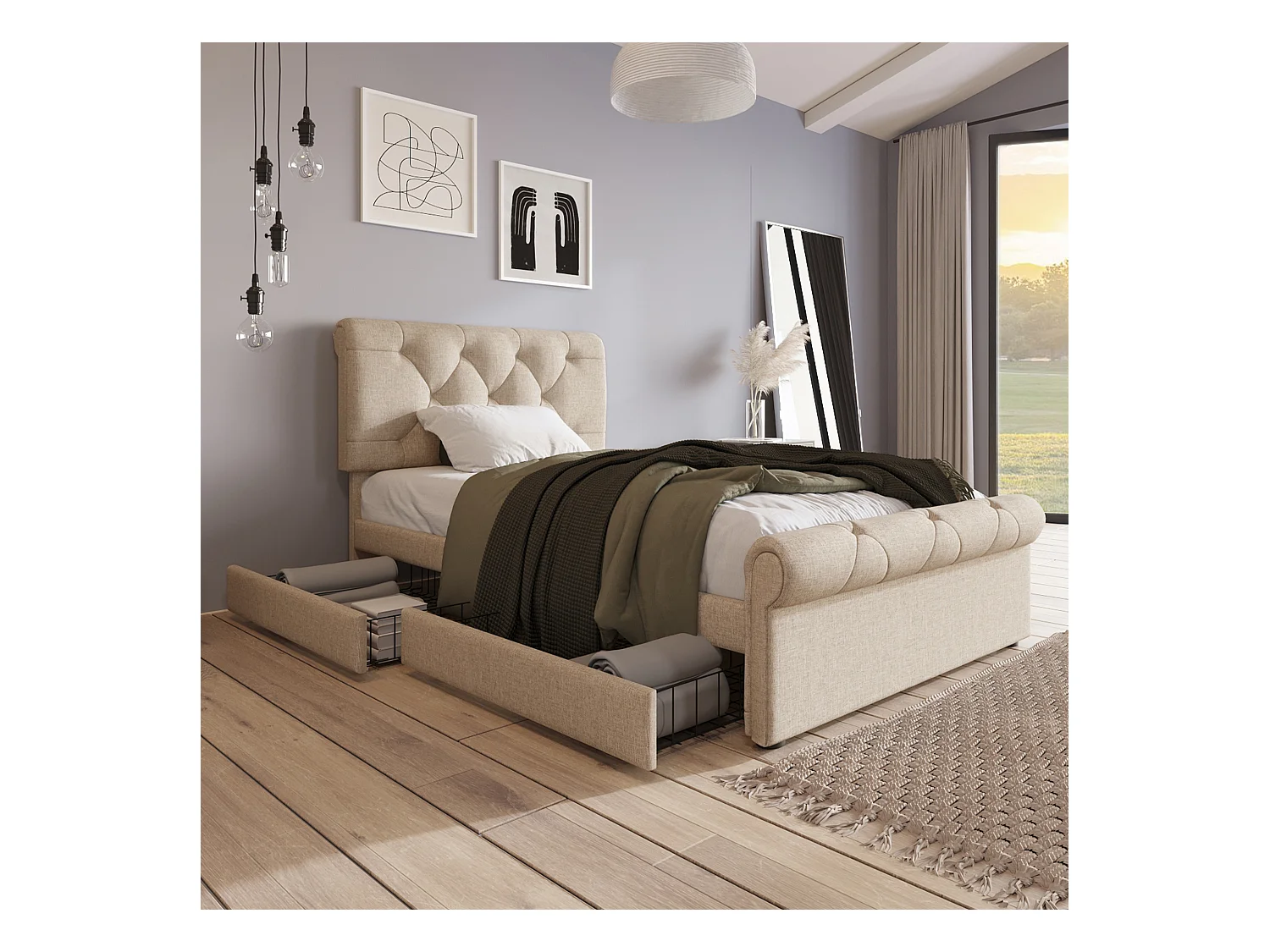 Lit enfant 90x200cm avec 2 tiroirs et tête de lit réglable en hauteur,tissu en lin beige, sans matelas