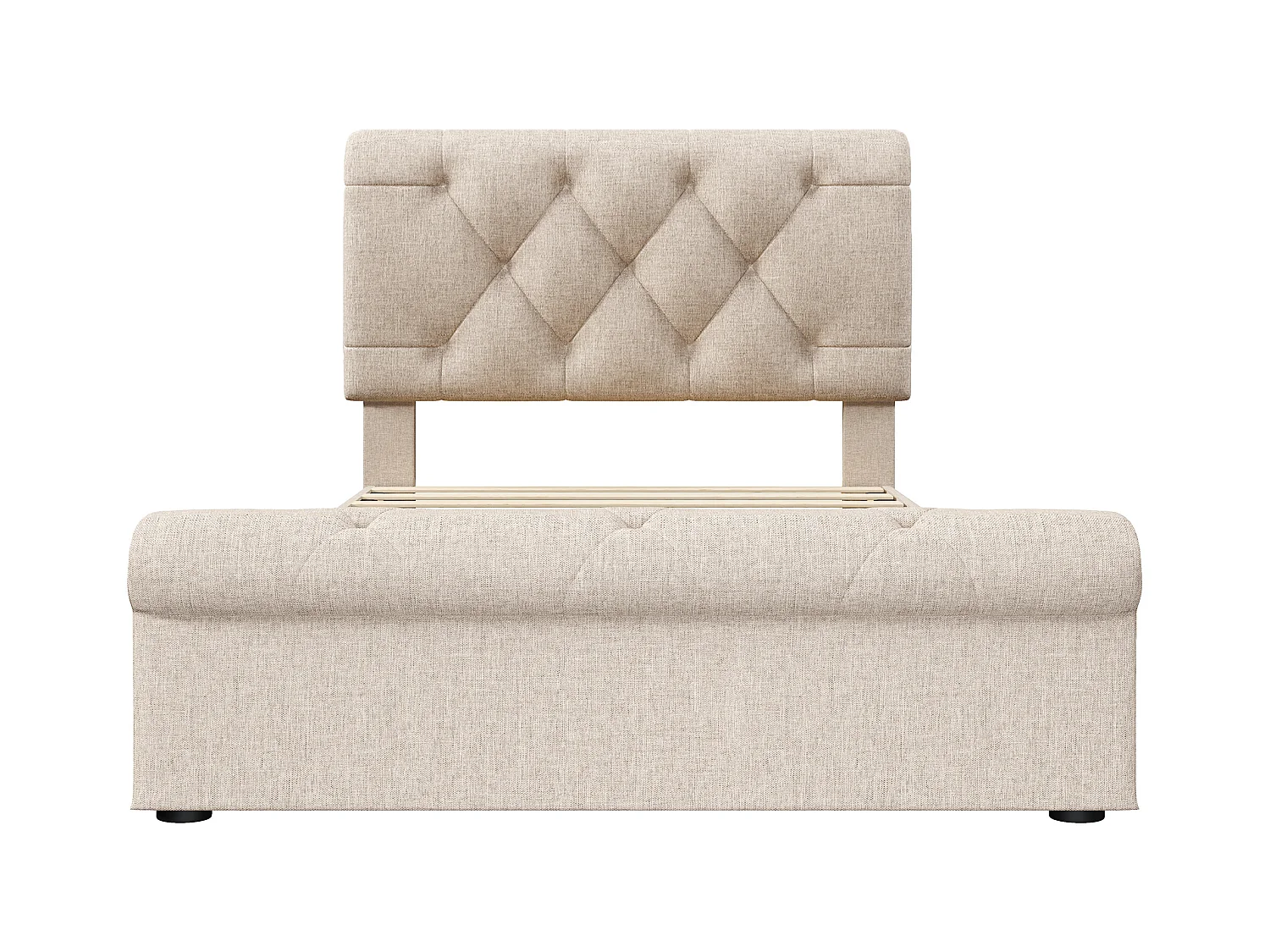 Lit enfant 90x200cm avec 2 tiroirs et tête de lit réglable en hauteur,tissu en lin beige, sans matelas