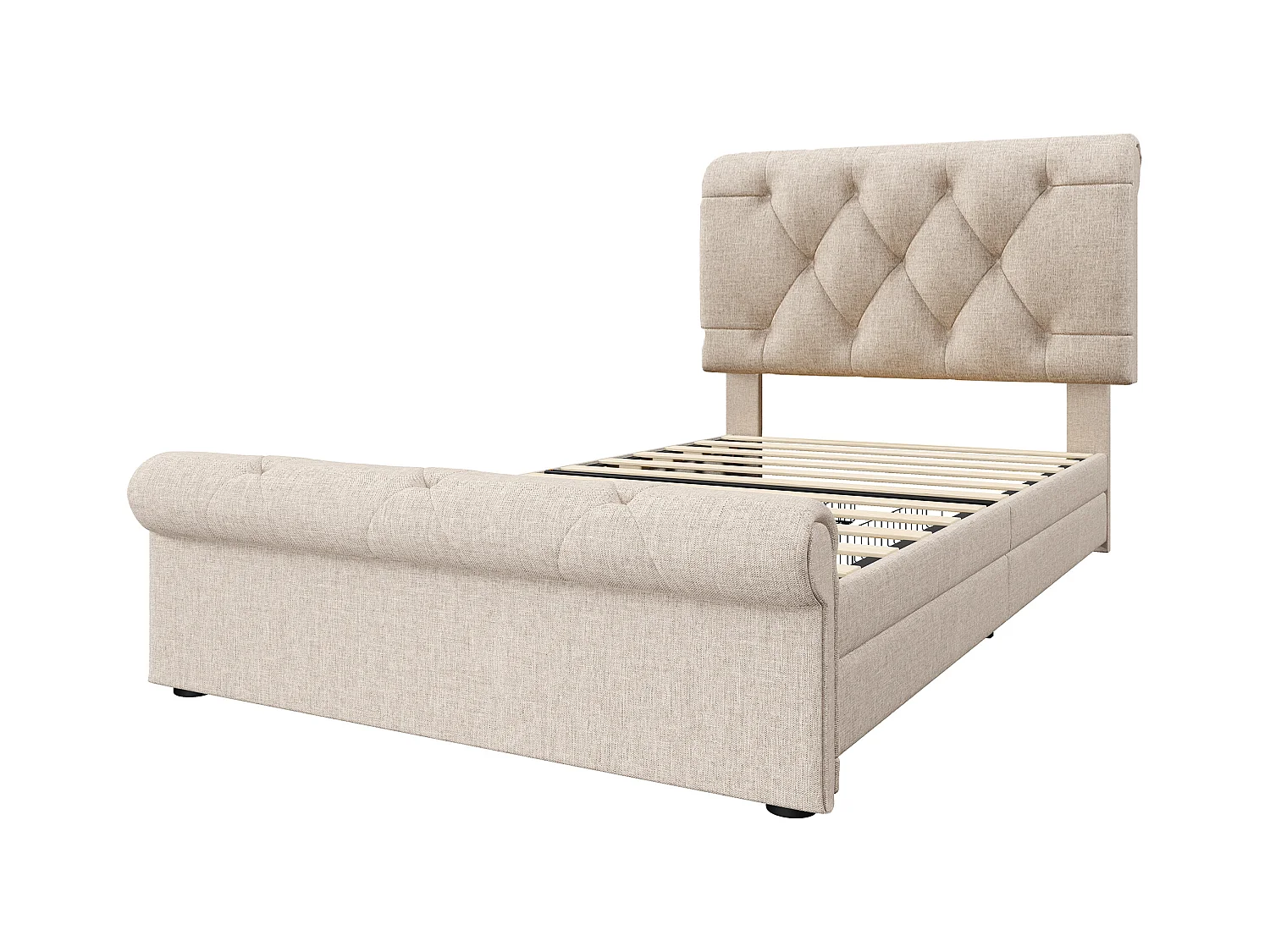 Lit enfant 90x200cm avec 2 tiroirs et tête de lit réglable en hauteur,tissu en lin beige, sans matelas