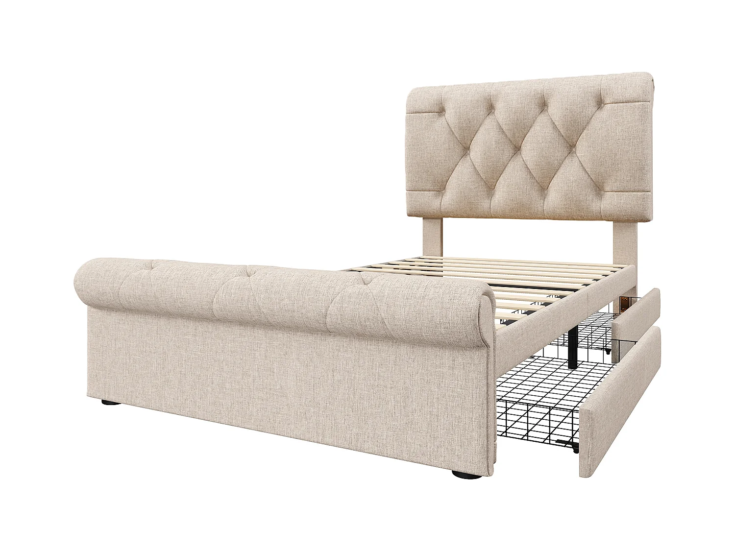 Lit enfant 90x200cm avec 2 tiroirs et tête de lit réglable en hauteur,tissu en lin beige, sans matelas