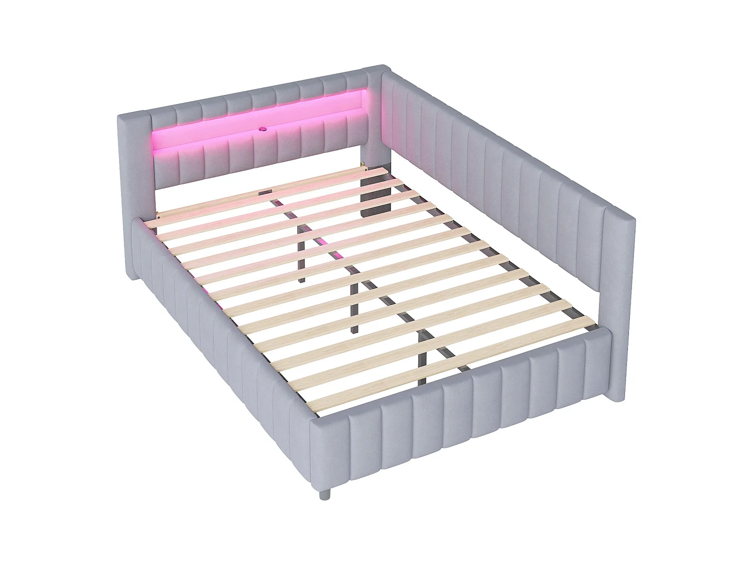 Lit banquette adulte 140x200cm gris clair en velours avec LED et USB, Sommier à lattes, sans matelas