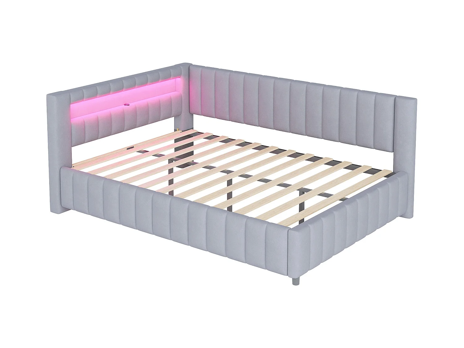 Lit banquette adulte 140x200cm gris clair en velours avec LED et USB, Sommier à lattes, sans matelas