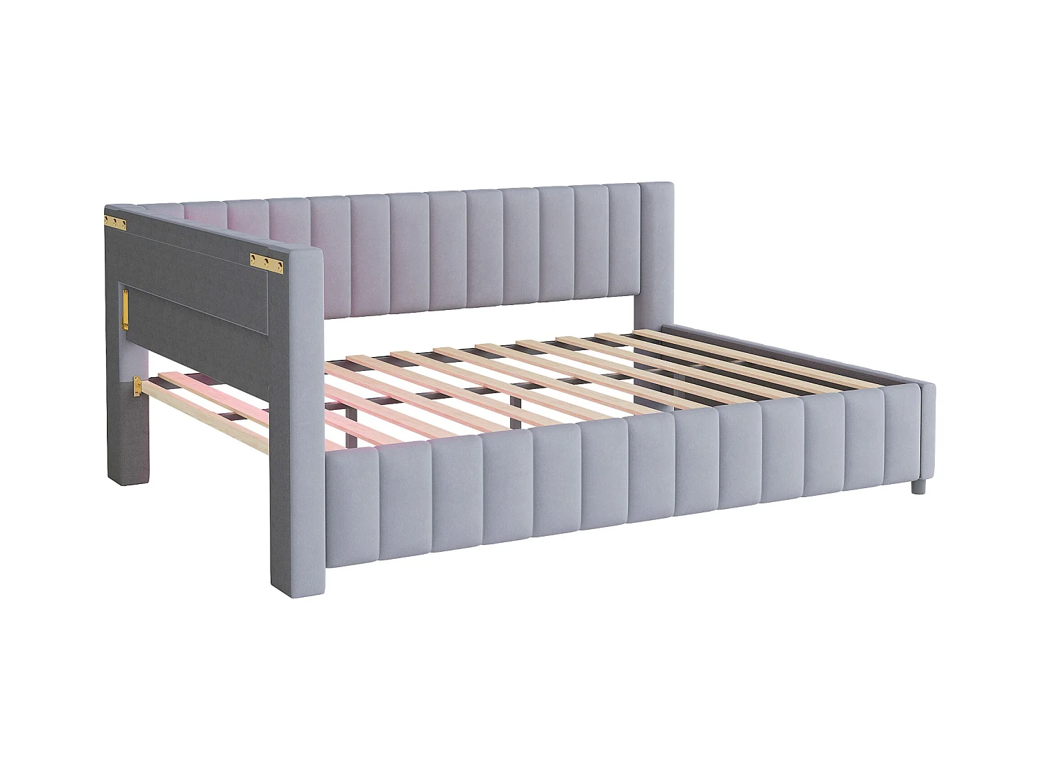 Lit banquette adulte 140x200cm gris clair en velours avec LED et USB, Sommier à lattes, sans matelas