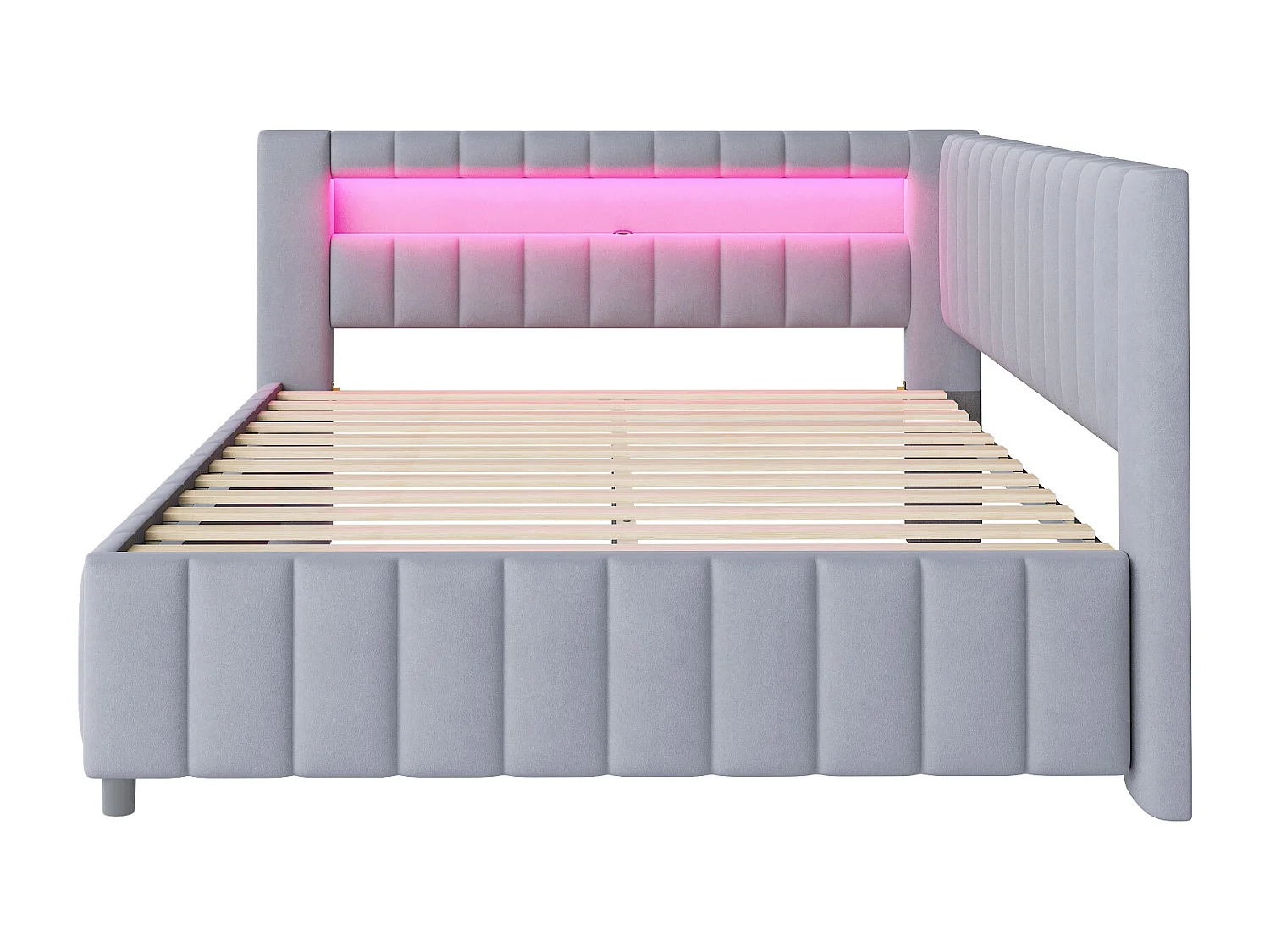 Slaapbank voor volwassenen 140x200 cm in lichtgrijs fluweel met LED en USB, lattenbodem, zonder matras