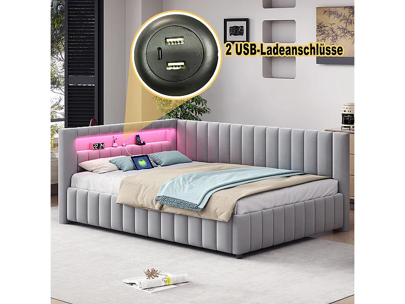 Slaapbank voor volwassenen 140x200 cm in lichtgrijs fluweel met LED en USB, lattenbodem, zonder matras