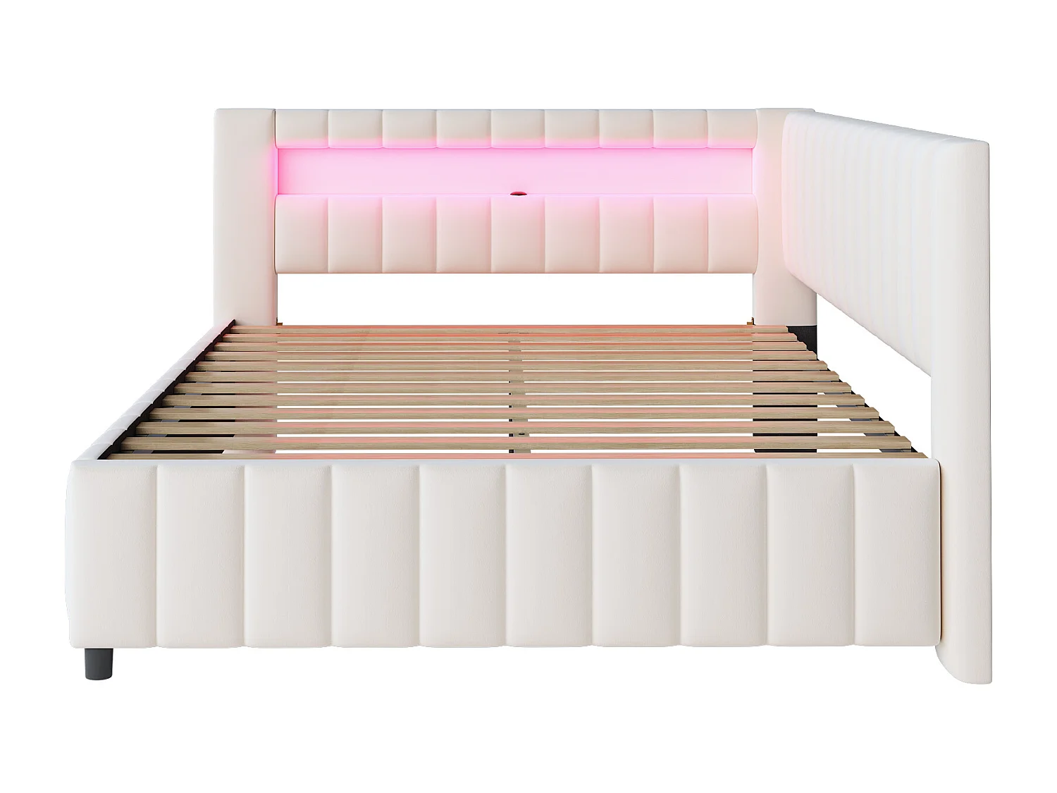 Lit banquette adulte 140x200cm beige en velours avec LED et USB, Sommier à lattes, sans matelas