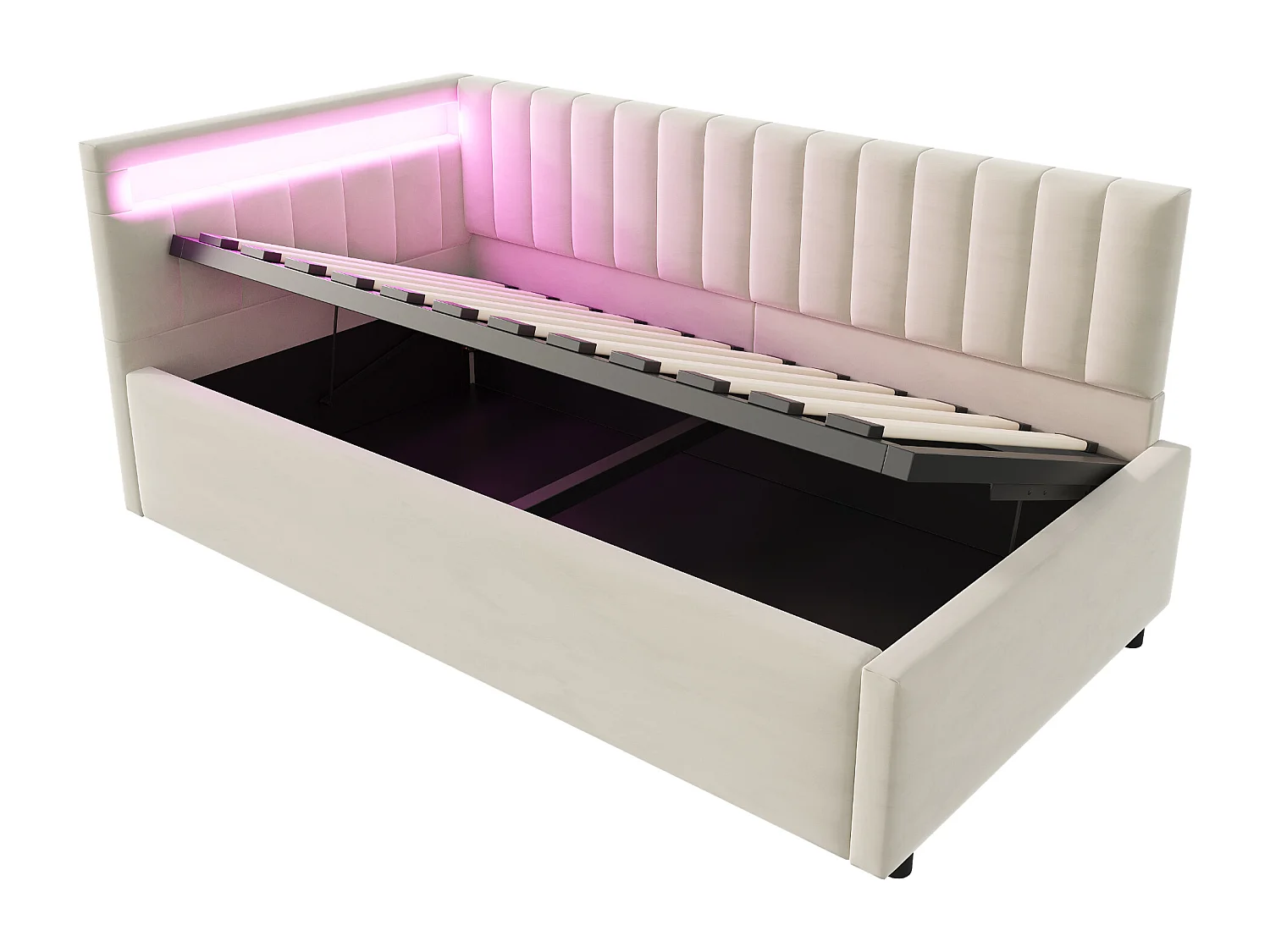 Kinderbedbank 90x200 cm met opbergruimte en LED-verlichting, bekleed met beige fluweel, zonder matras