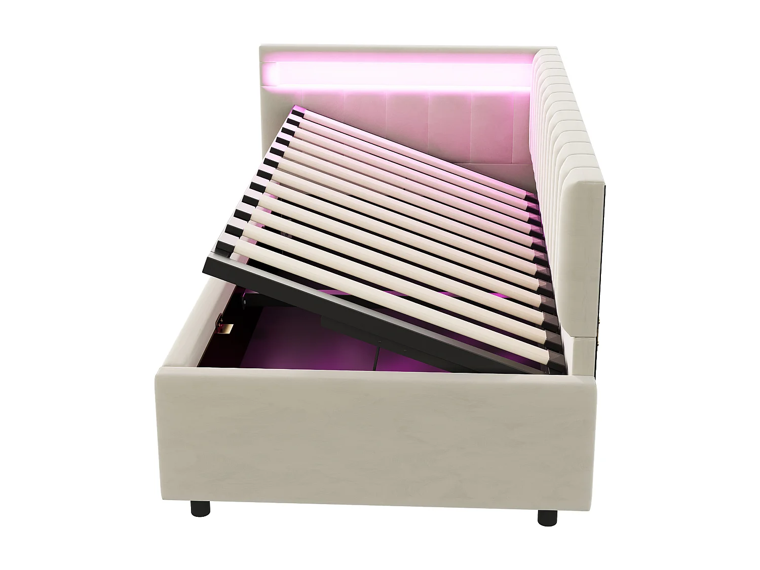 Kinderbedbank 90x200 cm met opbergruimte en LED-verlichting, bekleed met beige fluweel, zonder matras